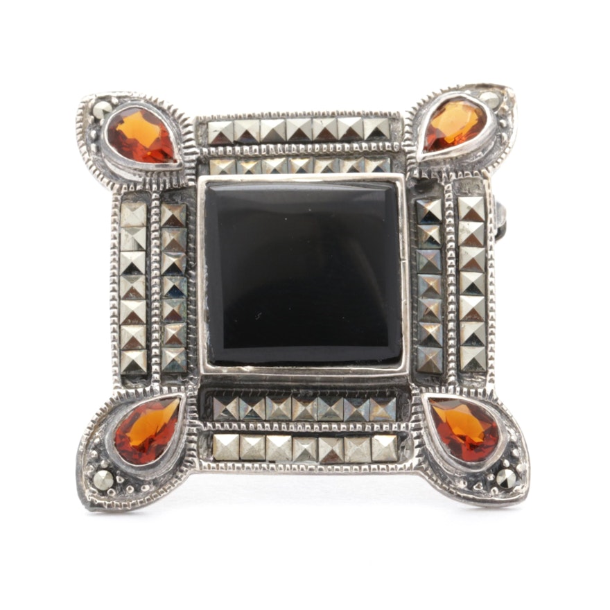 Sterling Silver, Citrine, and Marcasite Brooch
