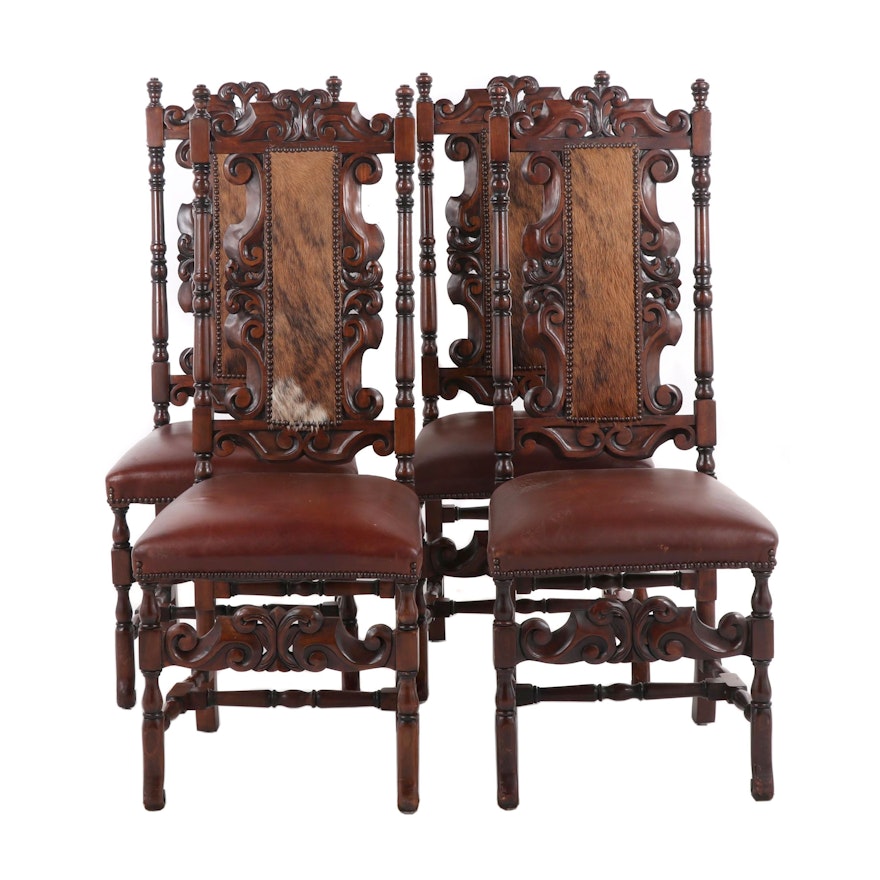 Custom Carved Wood Spanish Baroque Style Side Chairs with Cowhide and Leather