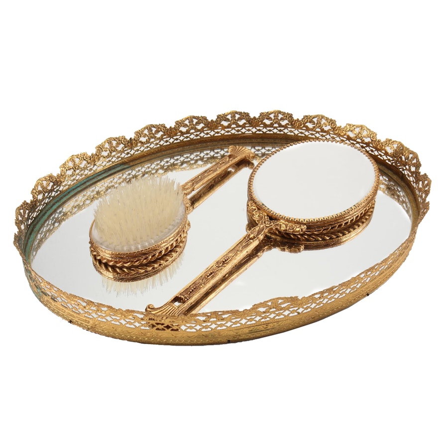 Gold Tone Vanity Set with Reticulated Tray