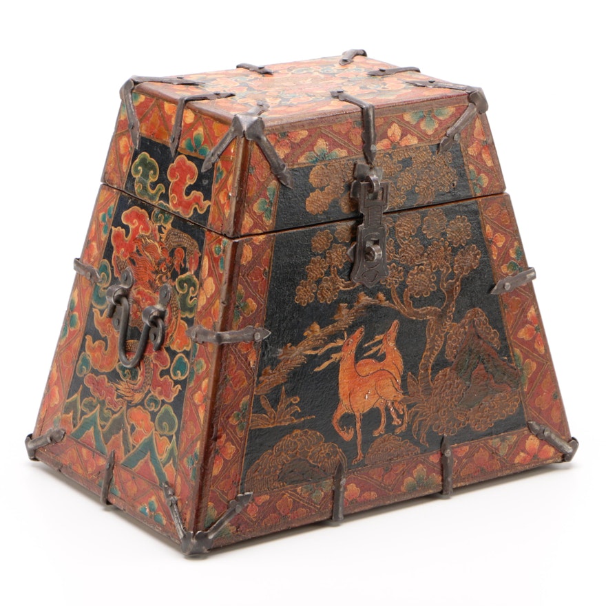 Sino-Tibetan Polychromed Pine Table Box with Deer and Dragon Motifs, Vintage