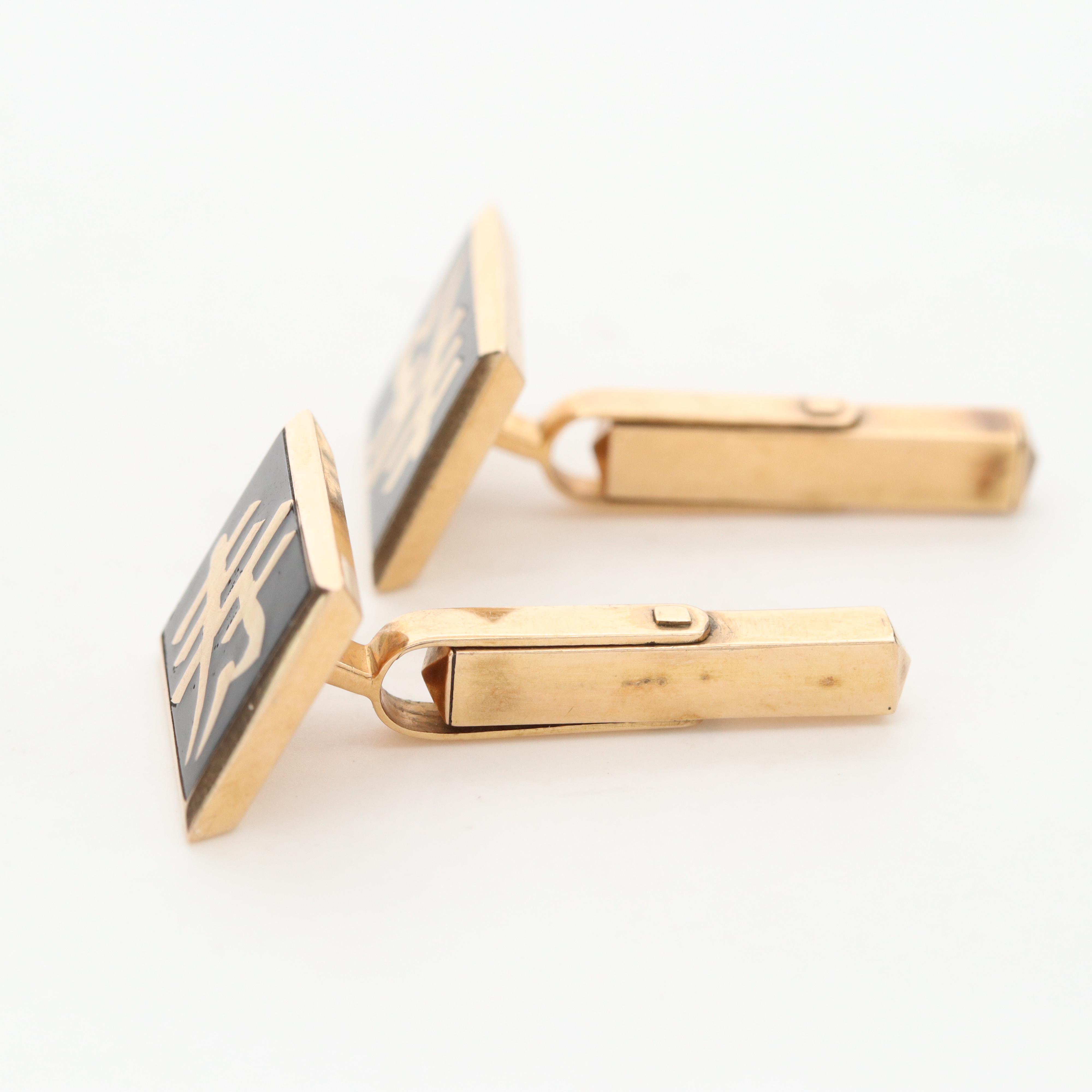 18K Yellow Gold 寿 (Longevity) Cufflinks with Black Enamel Accents