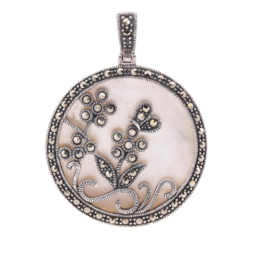 Sterling Silver Marcasite and Mother of Pearl Pendant with Milgrain Detail