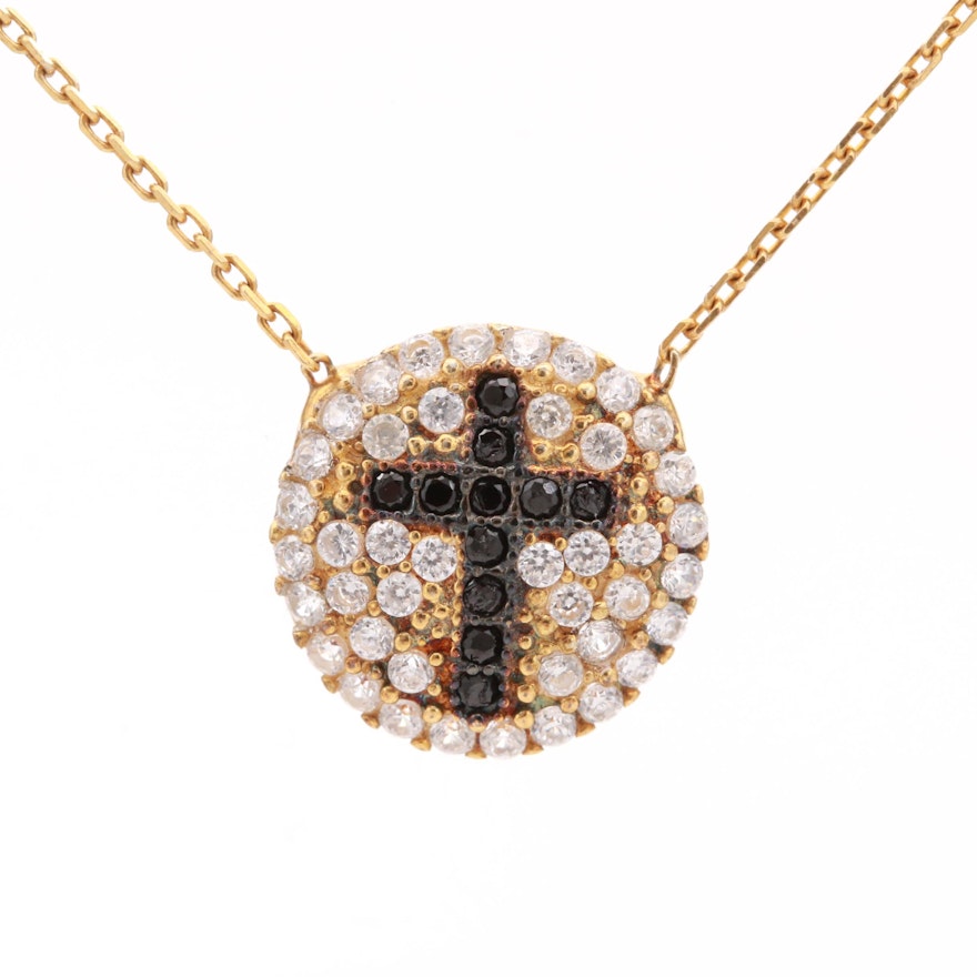 Gold Wash on Sterling Silver Cubic Zirconia Cross Pendant Necklace