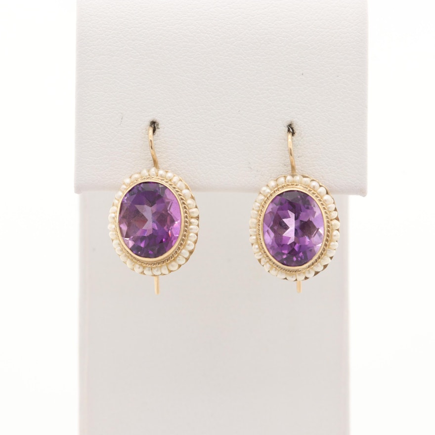 14K Yellow Gold Amethyst and Cultured Pearl Earrings