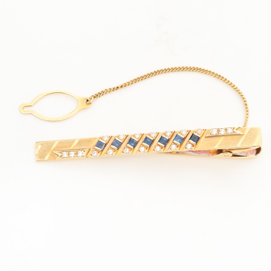 18K Yellow Gold Sapphire and Cubic Zirconia Tie Clip