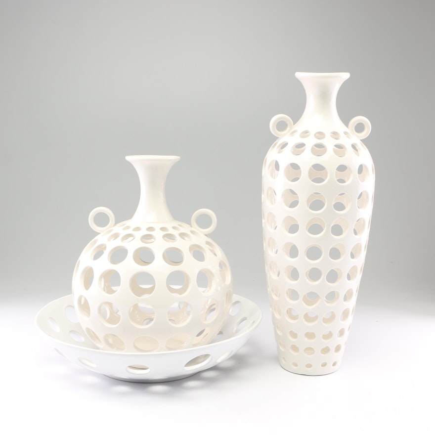 Openwork Ceramic Vases and Decorative Bowl