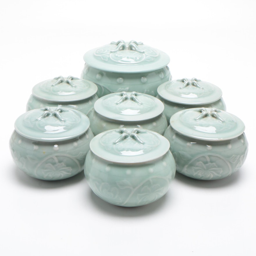 Chinese Celadon Lidded Bowls with Lotus Flower Motif, Mid 20th Century