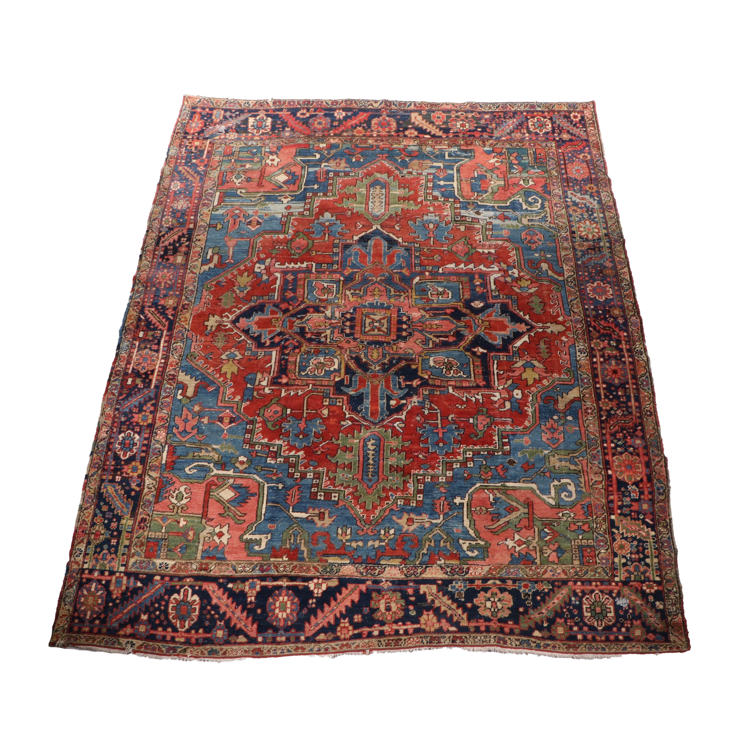 Hand-Knotted Persian Heriz Wool Room Sized Rug, circa 1900