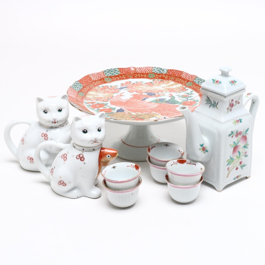 Chinese Porcelain Cat Teapots with Cups, Japanese Cake Plate, and Other Teapot