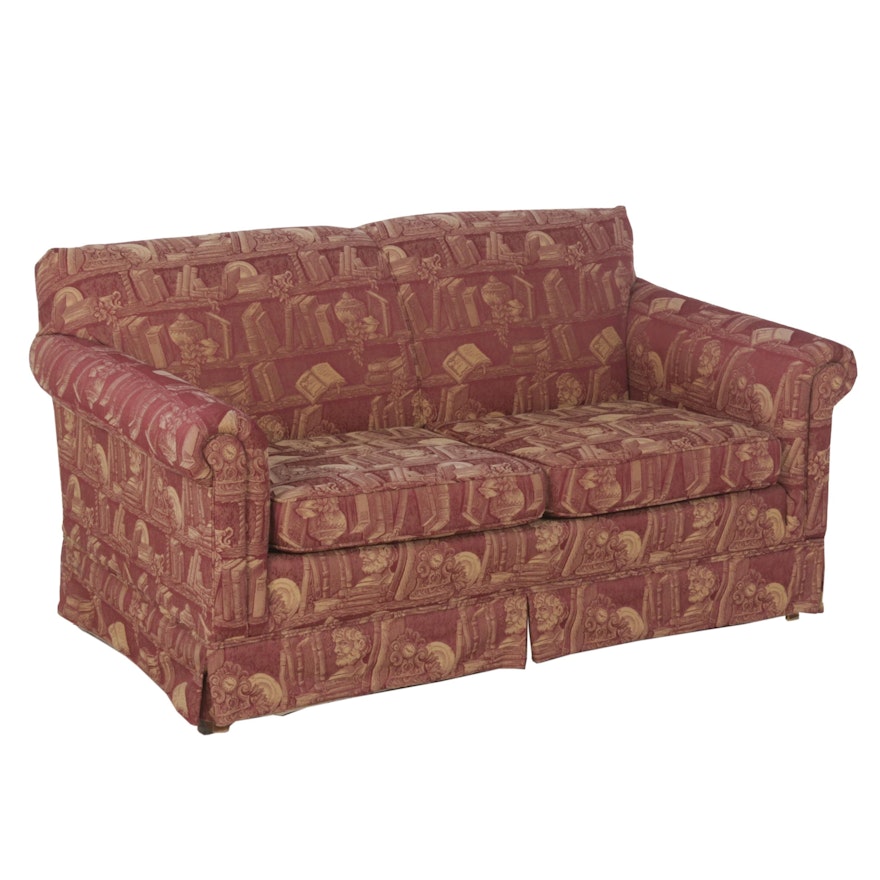 Contemporary Library-Motif Burgundy Fabric Upholstered Loveseat