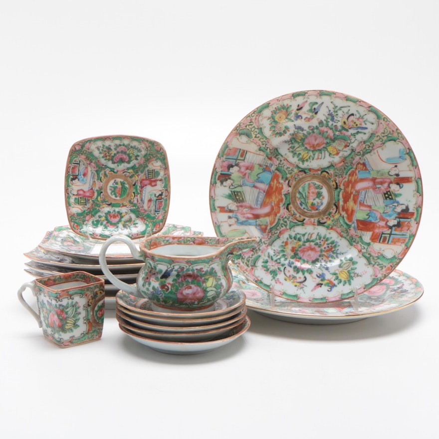 Chinese Porcelain "Rose Medallion" Tableware Including Plates, Cup, and Creamer