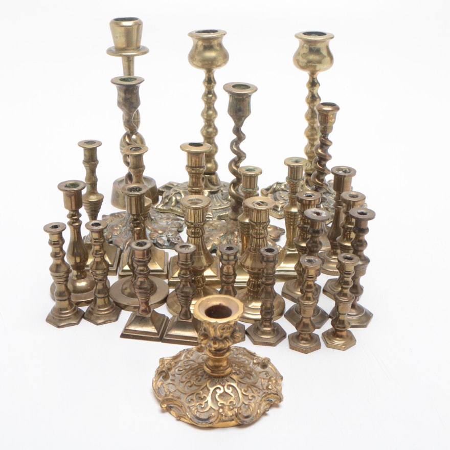 Brass Candlesticks Including London Peerage Brass, Early to Mid 20th Century