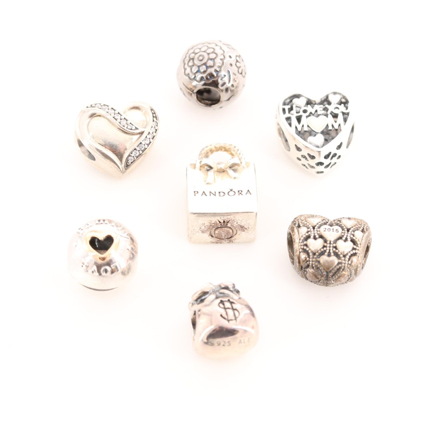 Seven Pandora Sterling Silver Diamond, Cubic Zirconia and Enamel Charm Beads