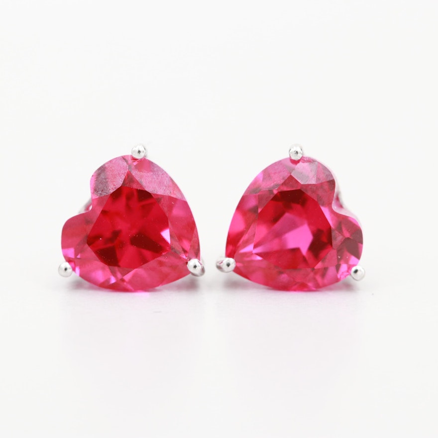 18K and 14K White Gold Synthetic Ruby Stud Heart Solitaire Earrings