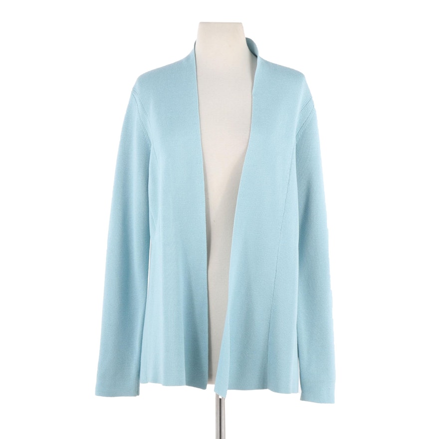 Eileen Fisher Blue Silk Blend Knit Open Front Cardigan