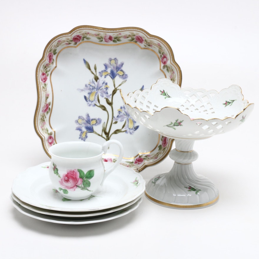 Meissen Porcelain Bread and Butter Plates, Cup, and Centerpiece and More