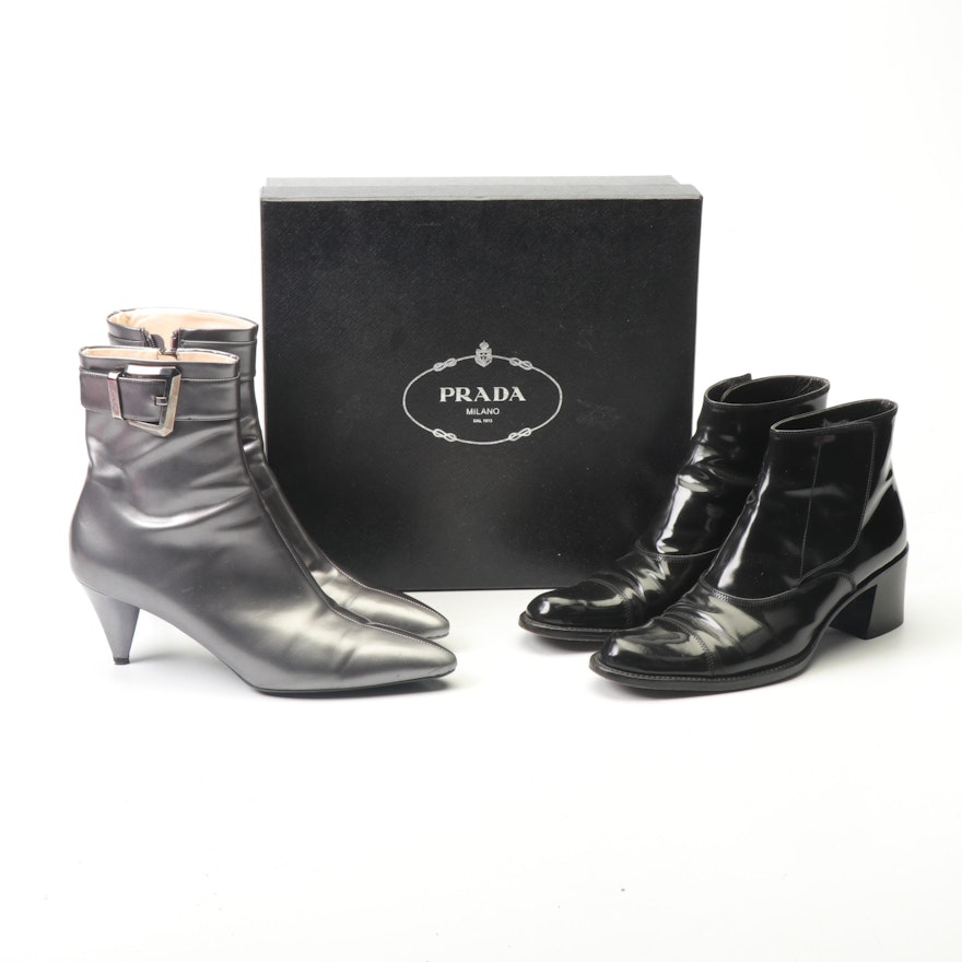 Prada Silver Leather and Black Patent Leather Heeled Booties