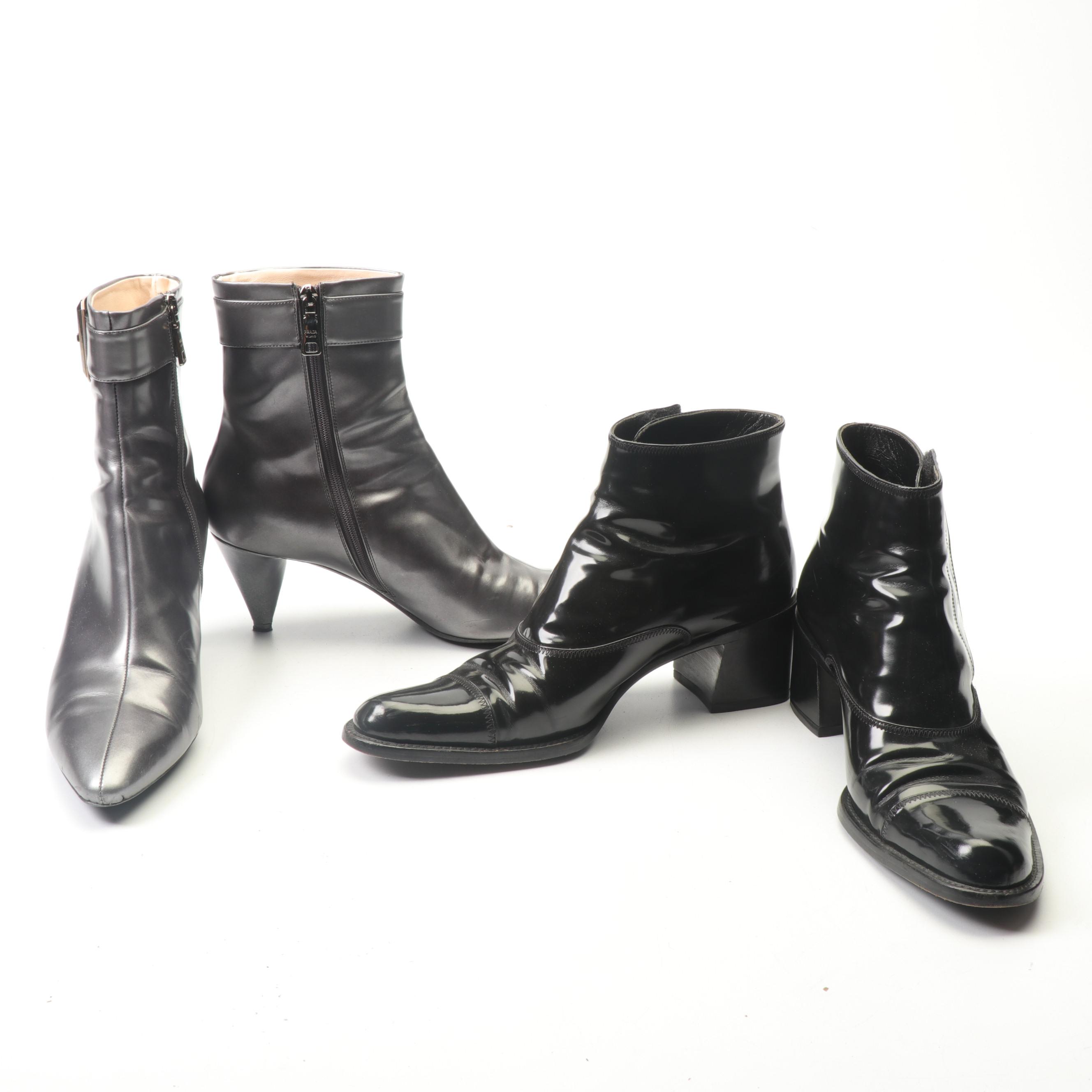 Prada Silver Leather and Black Patent Leather Heeled Booties
