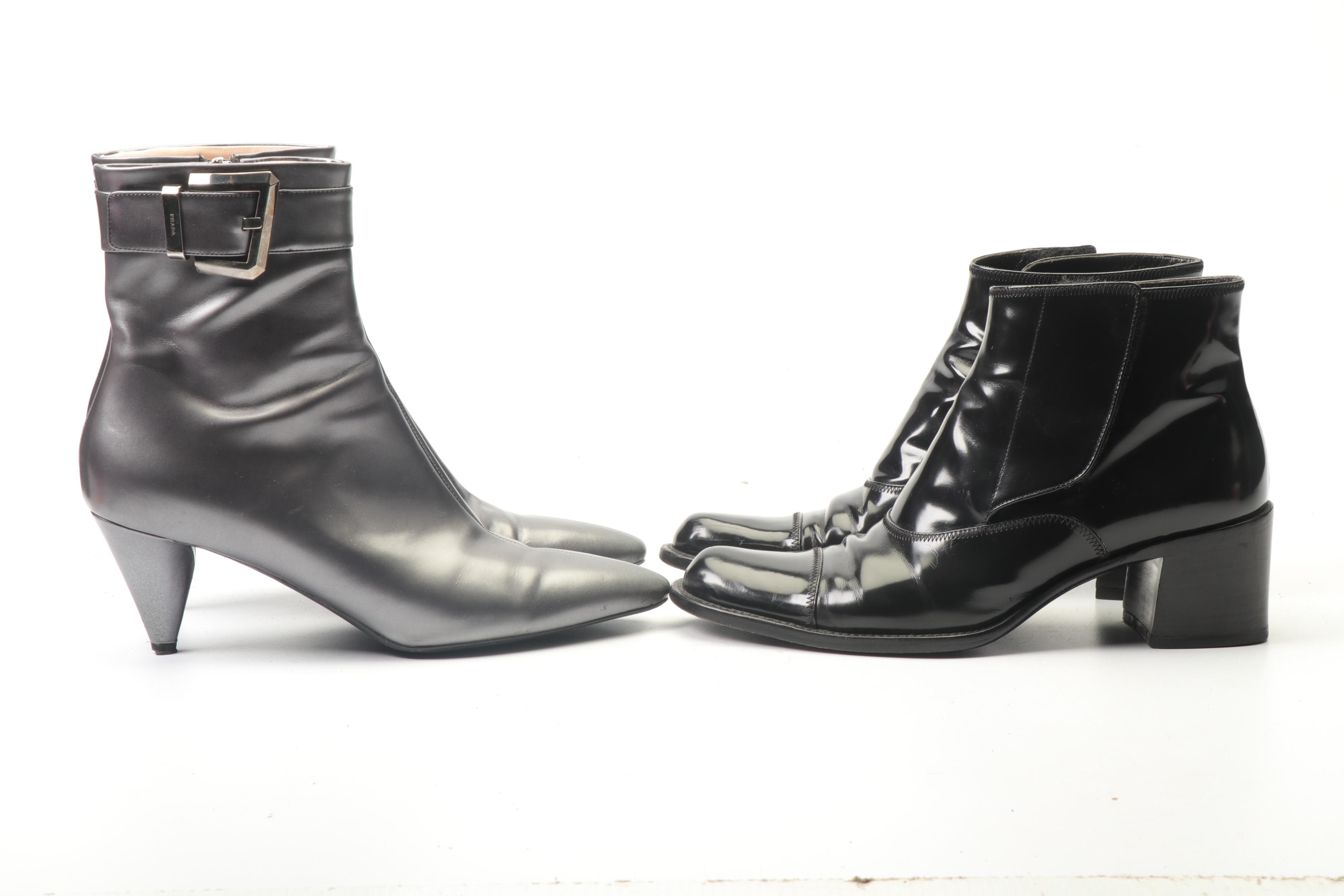 Prada Silver Leather and Black Patent Leather Heeled Booties