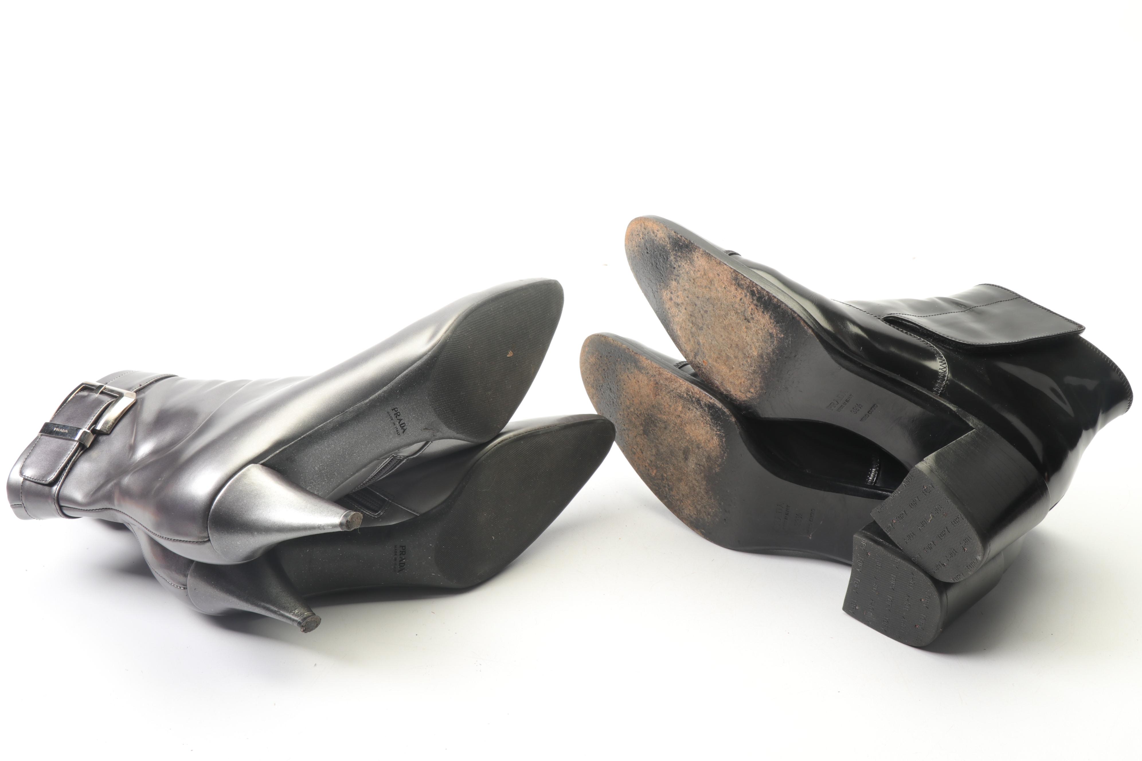 Prada Silver Leather and Black Patent Leather Heeled Booties