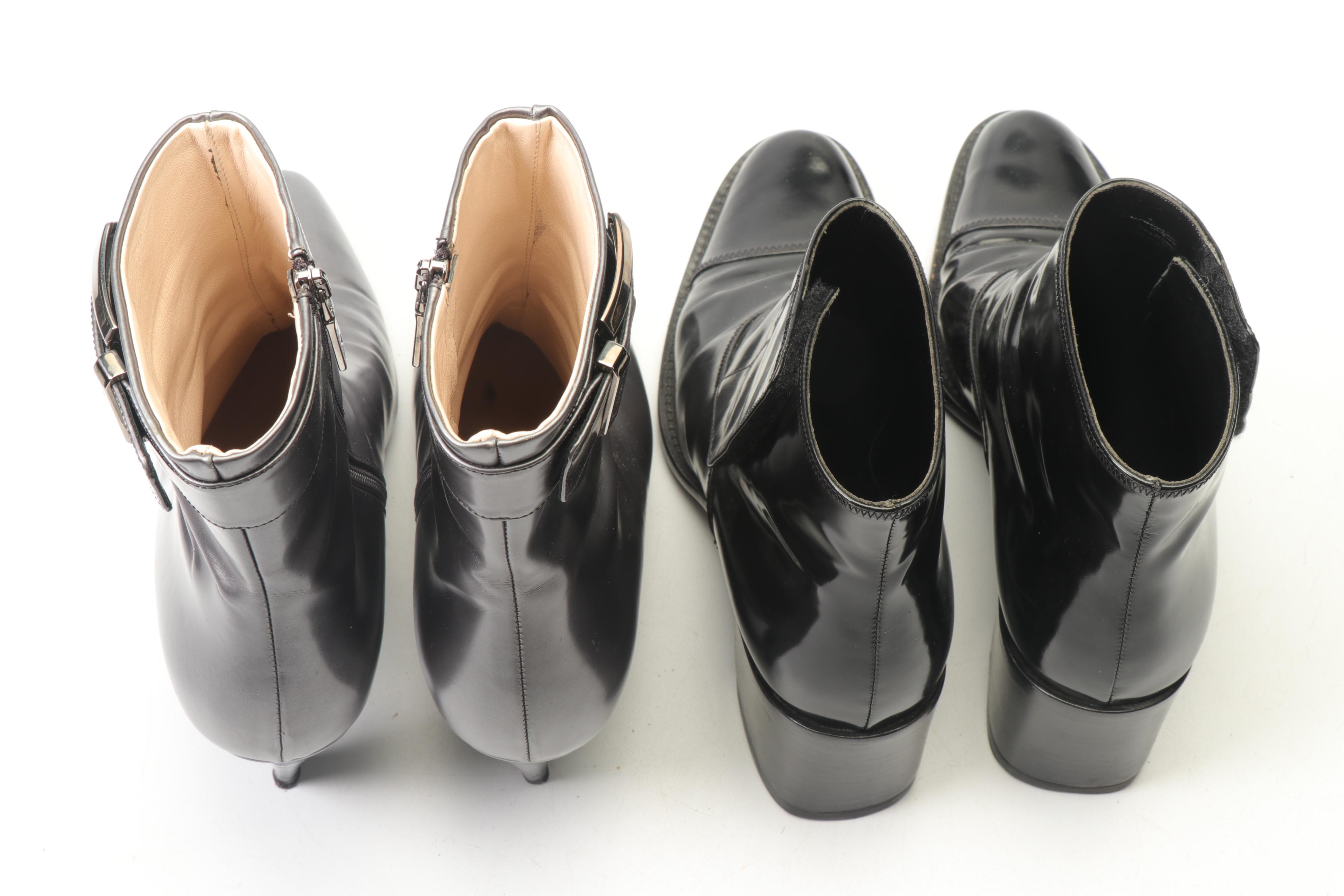 Prada Silver Leather and Black Patent Leather Heeled Booties