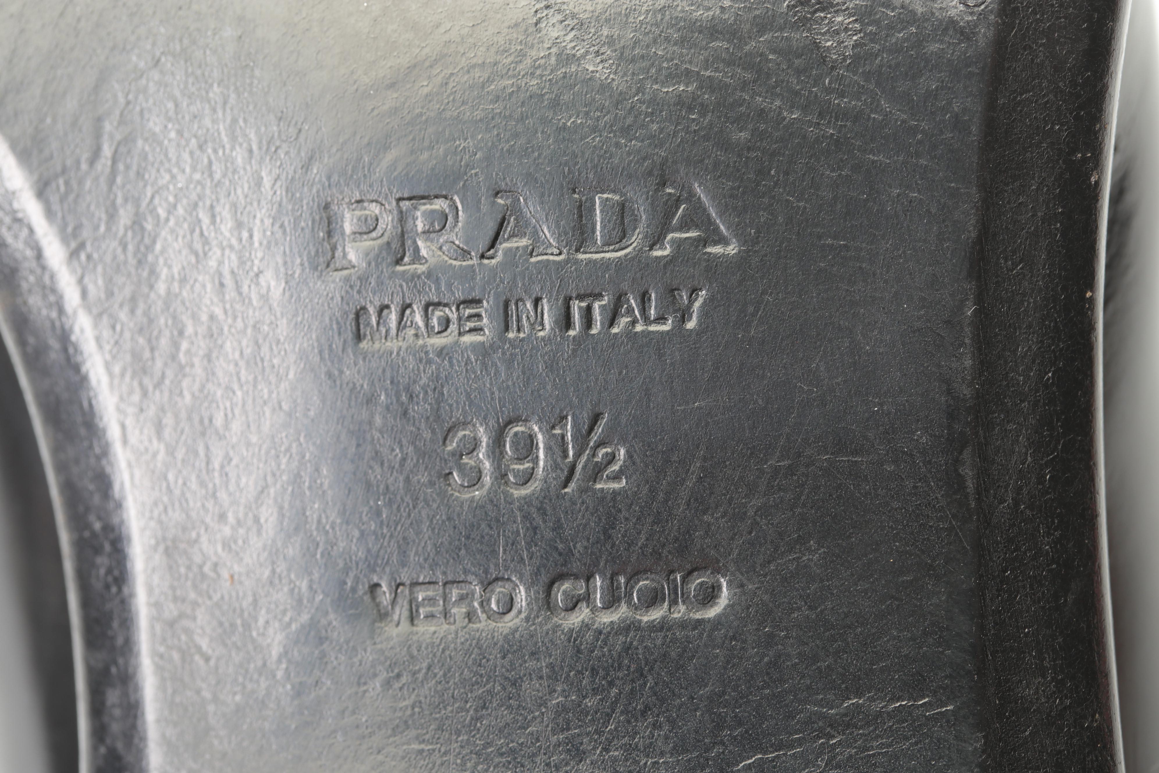 Prada Silver Leather and Black Patent Leather Heeled Booties