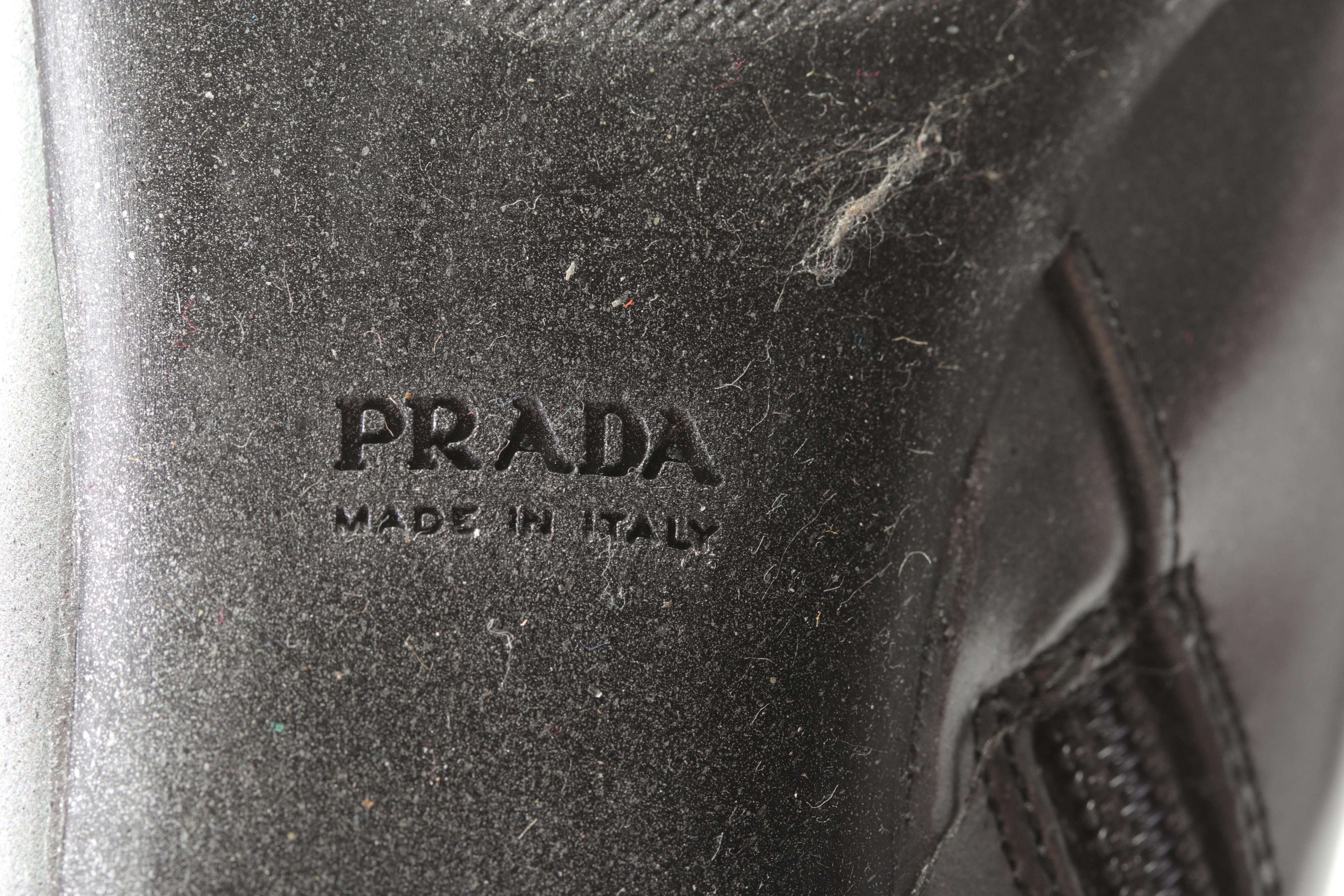 Prada Silver Leather and Black Patent Leather Heeled Booties