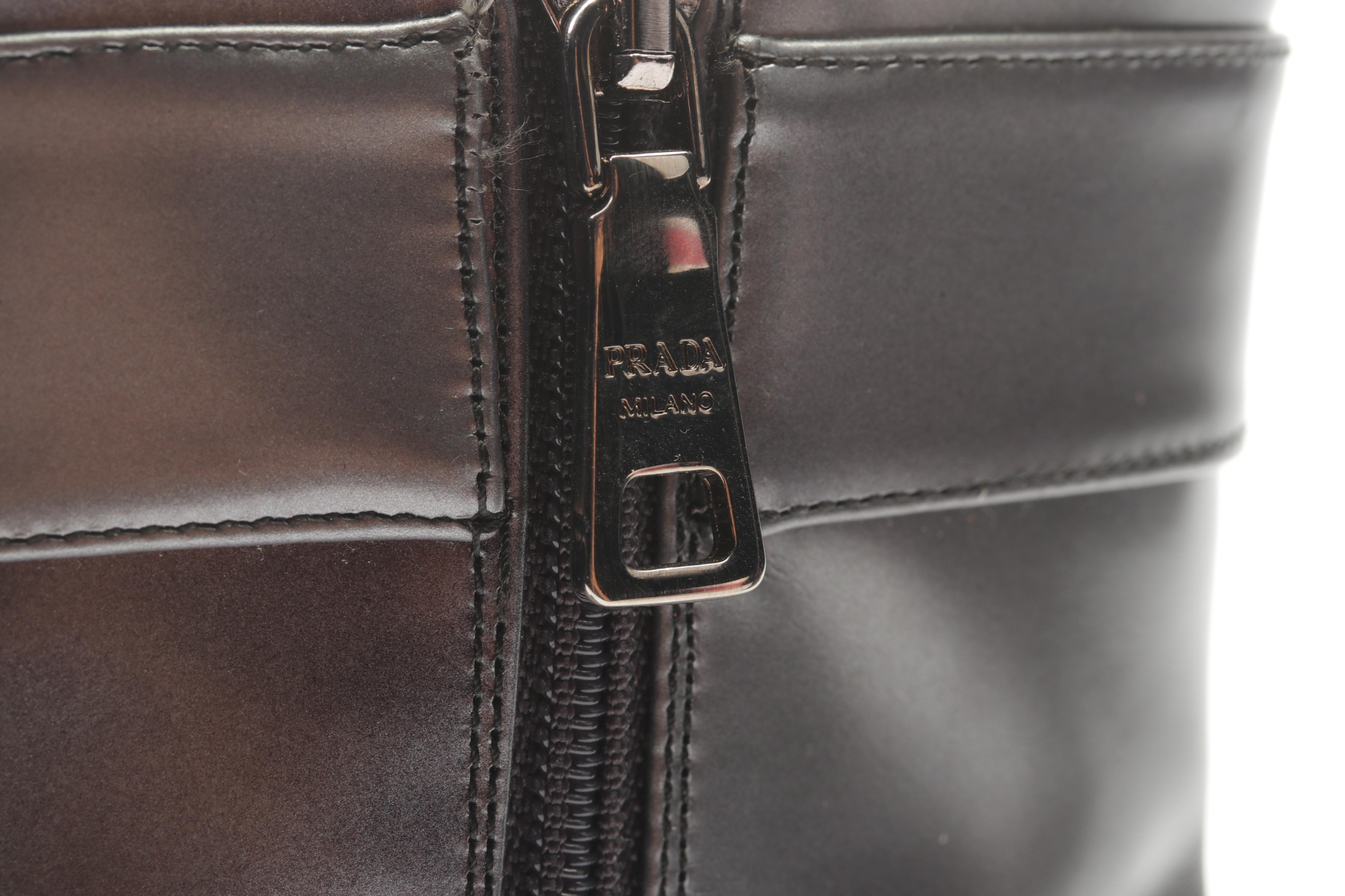 Prada Silver Leather and Black Patent Leather Heeled Booties