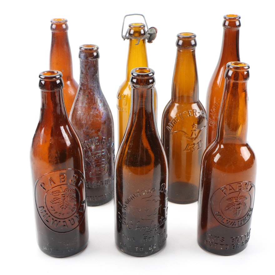 Amber Glass Beer Bottles From East Coast Breweries, Antique