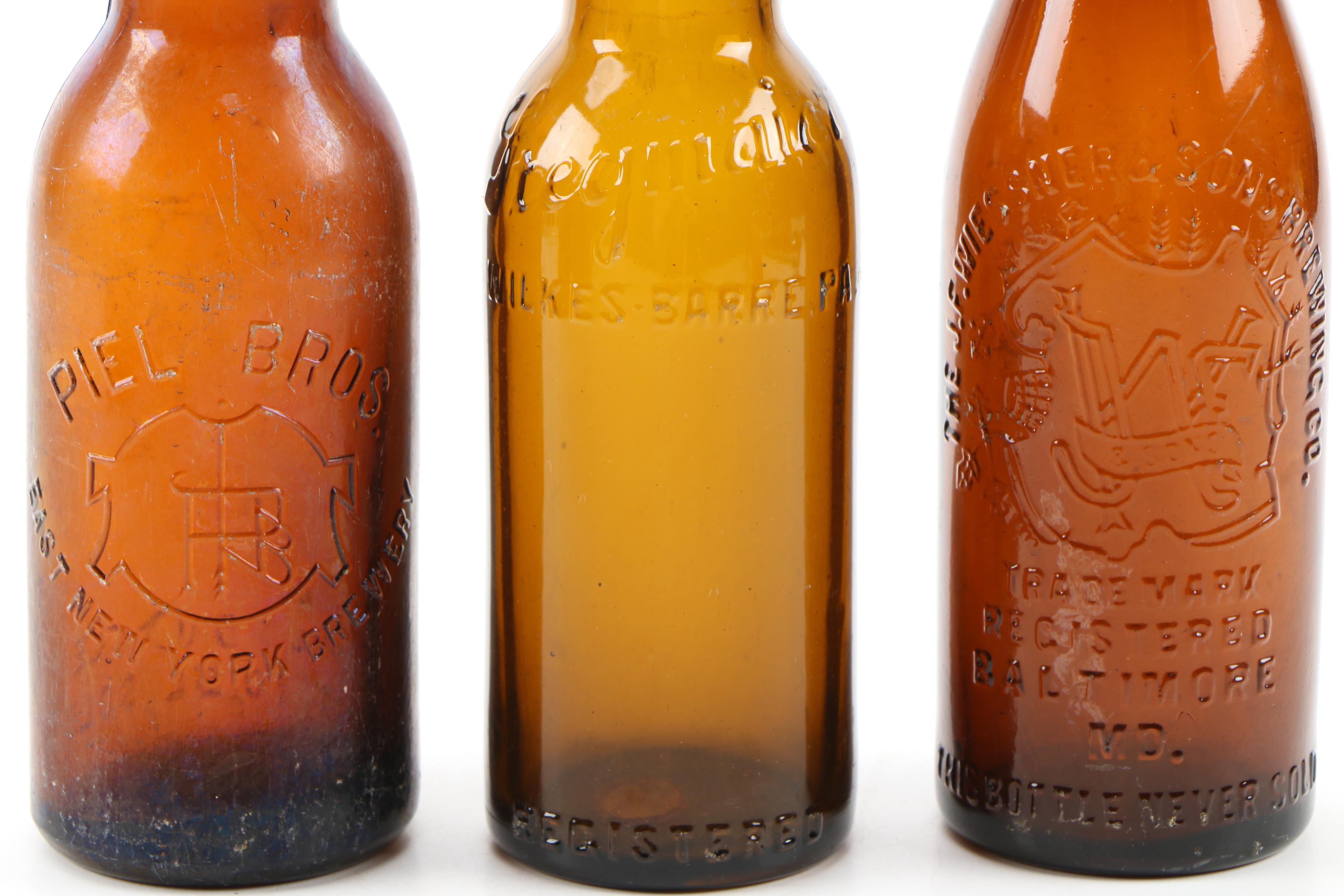 Amber Glass Beer Bottles From East Coast Breweries, Antique