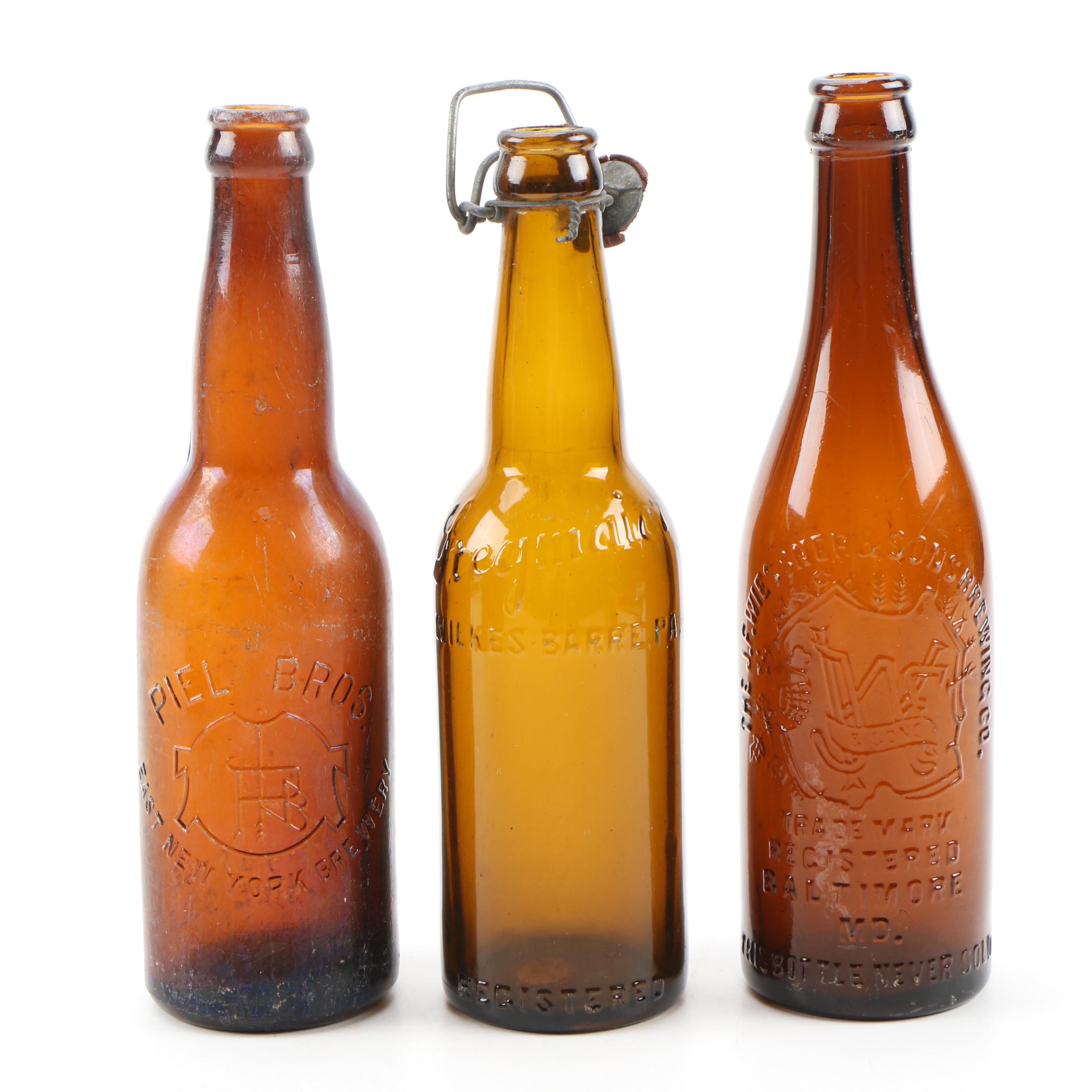 Amber Glass Beer Bottles From East Coast Breweries, Antique