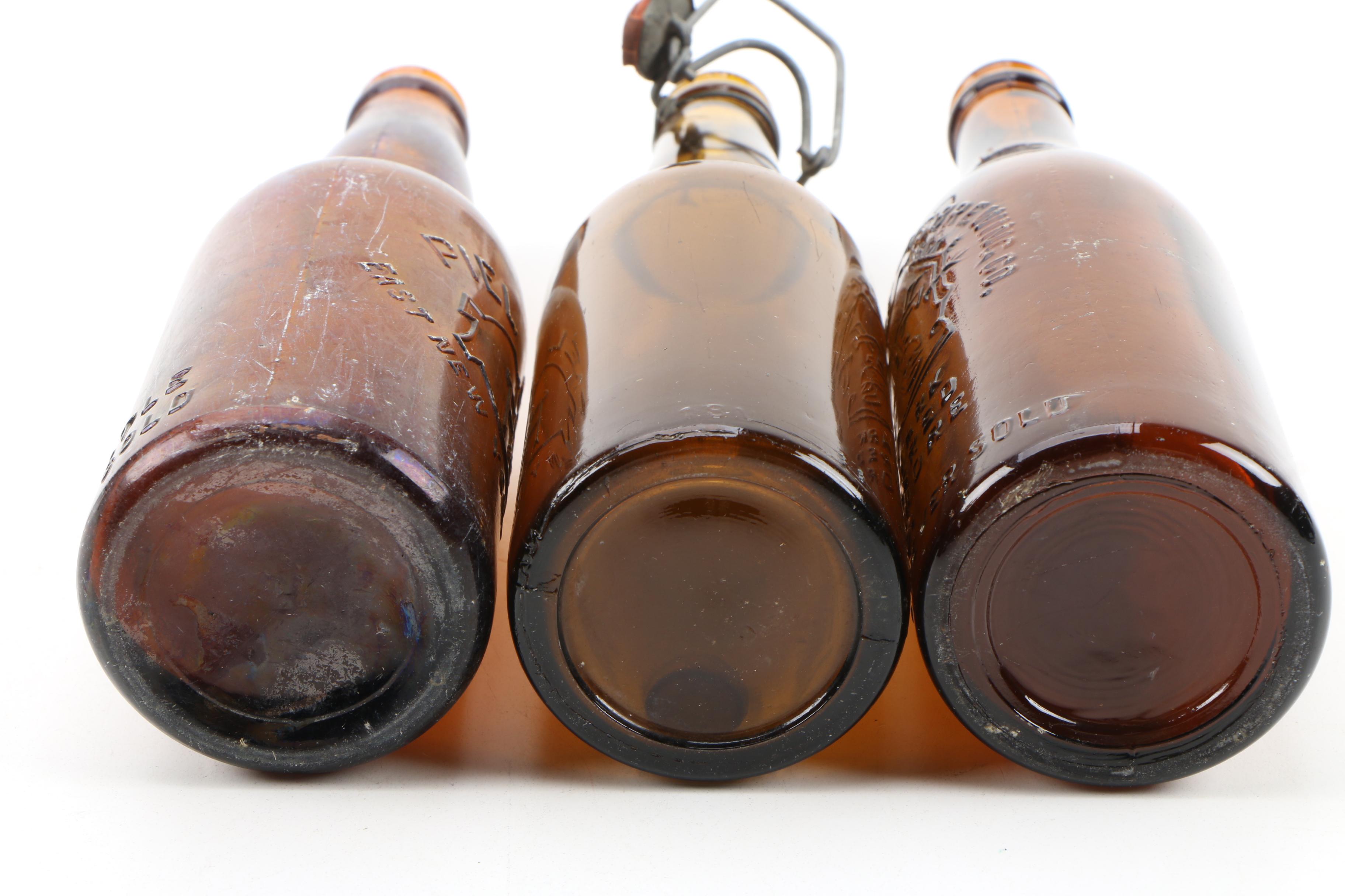 Amber Glass Beer Bottles From East Coast Breweries, Antique