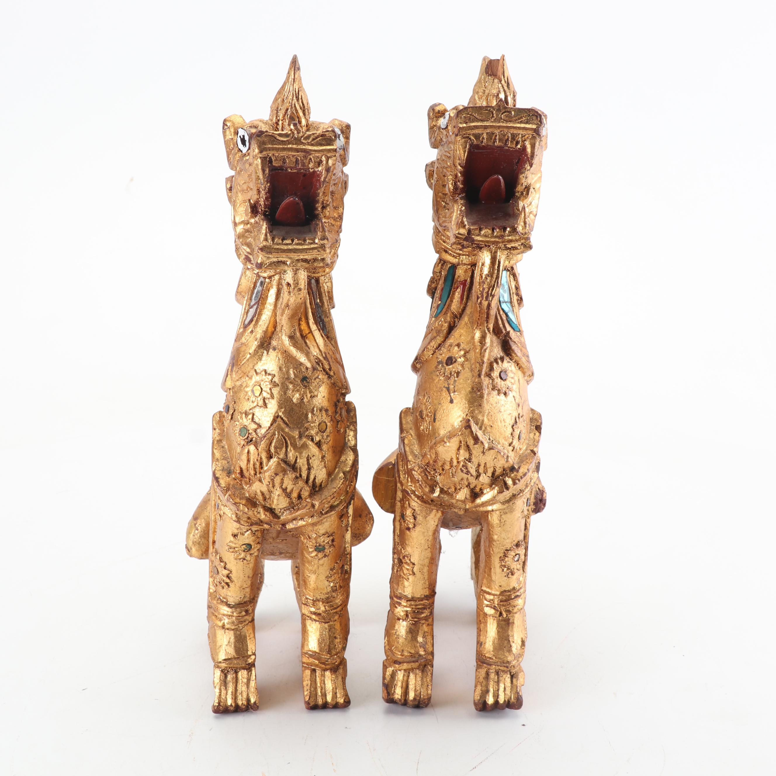 Thai Giltwood Singha Guardian Statuettes