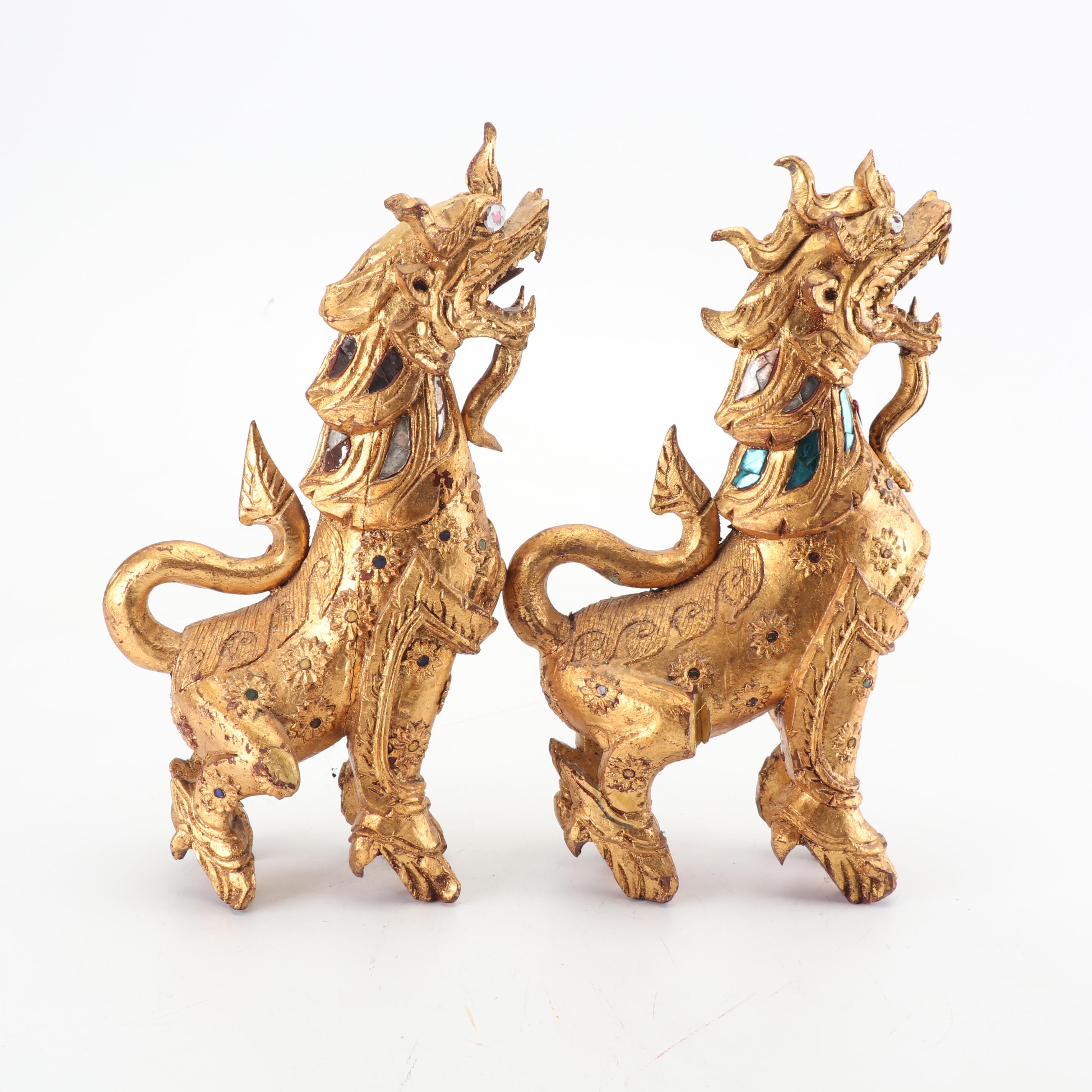 Thai Giltwood Singha Guardian Statuettes
