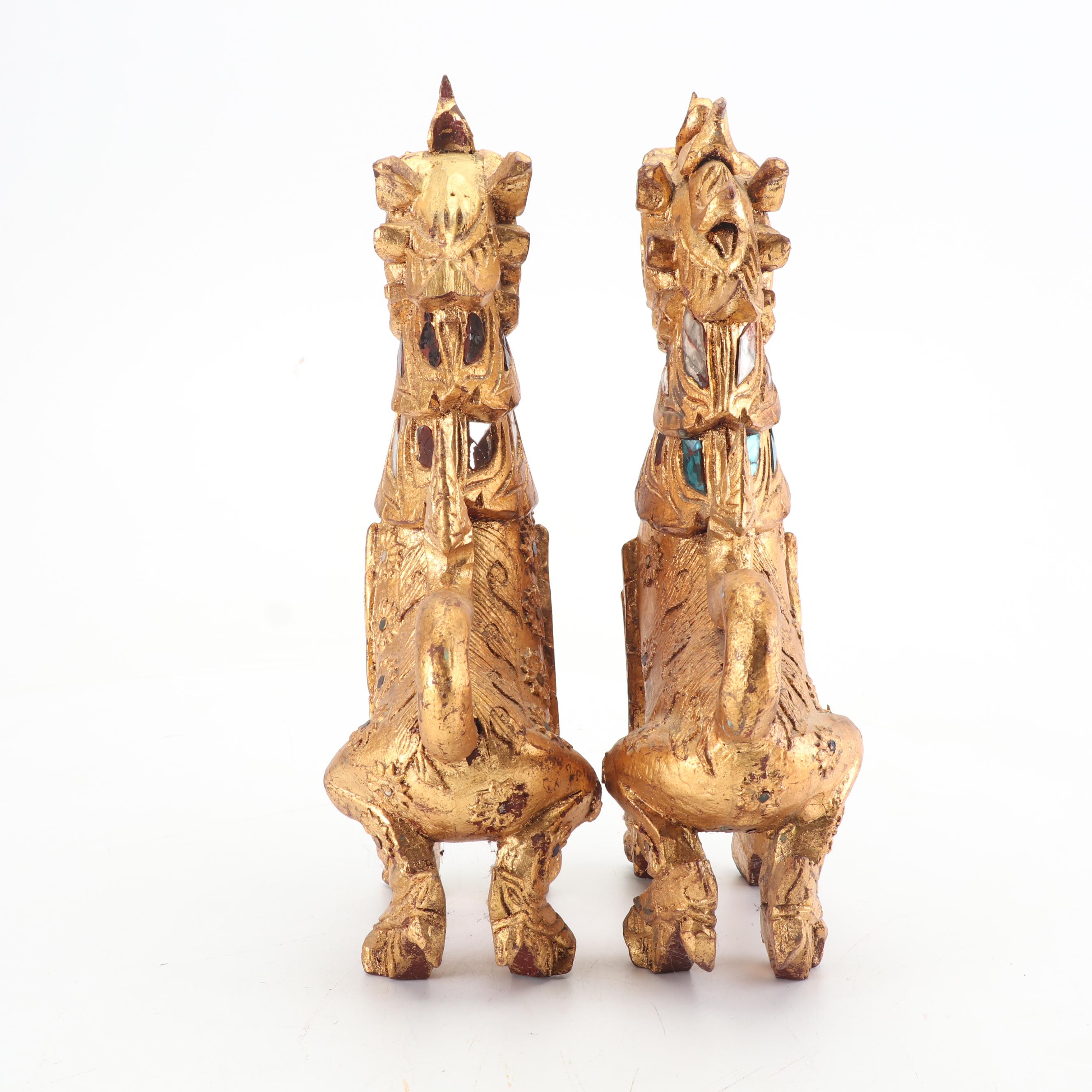 Thai Giltwood Singha Guardian Statuettes