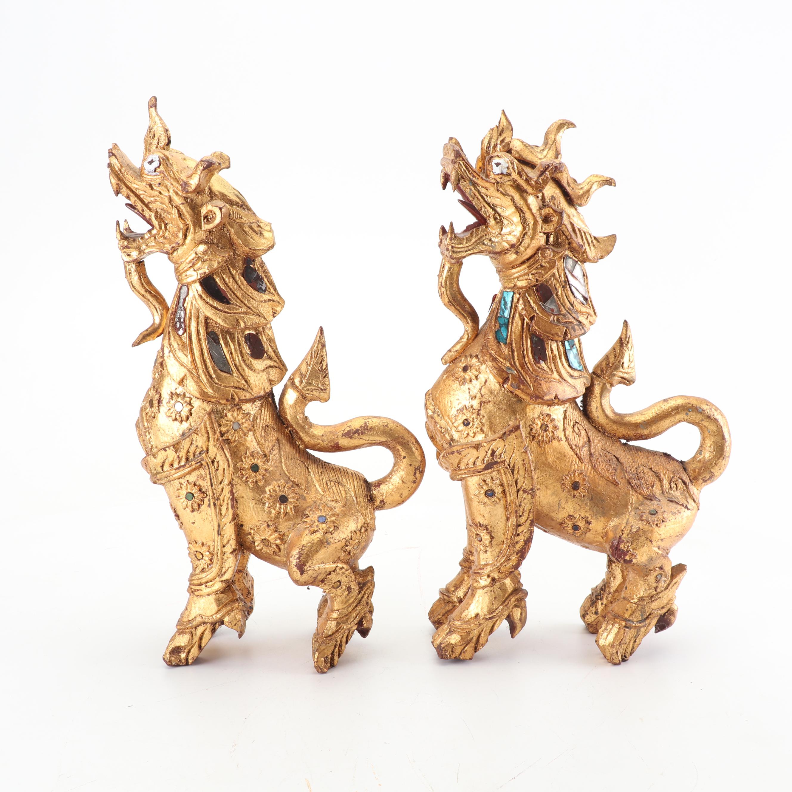 Thai Giltwood Singha Guardian Statuettes