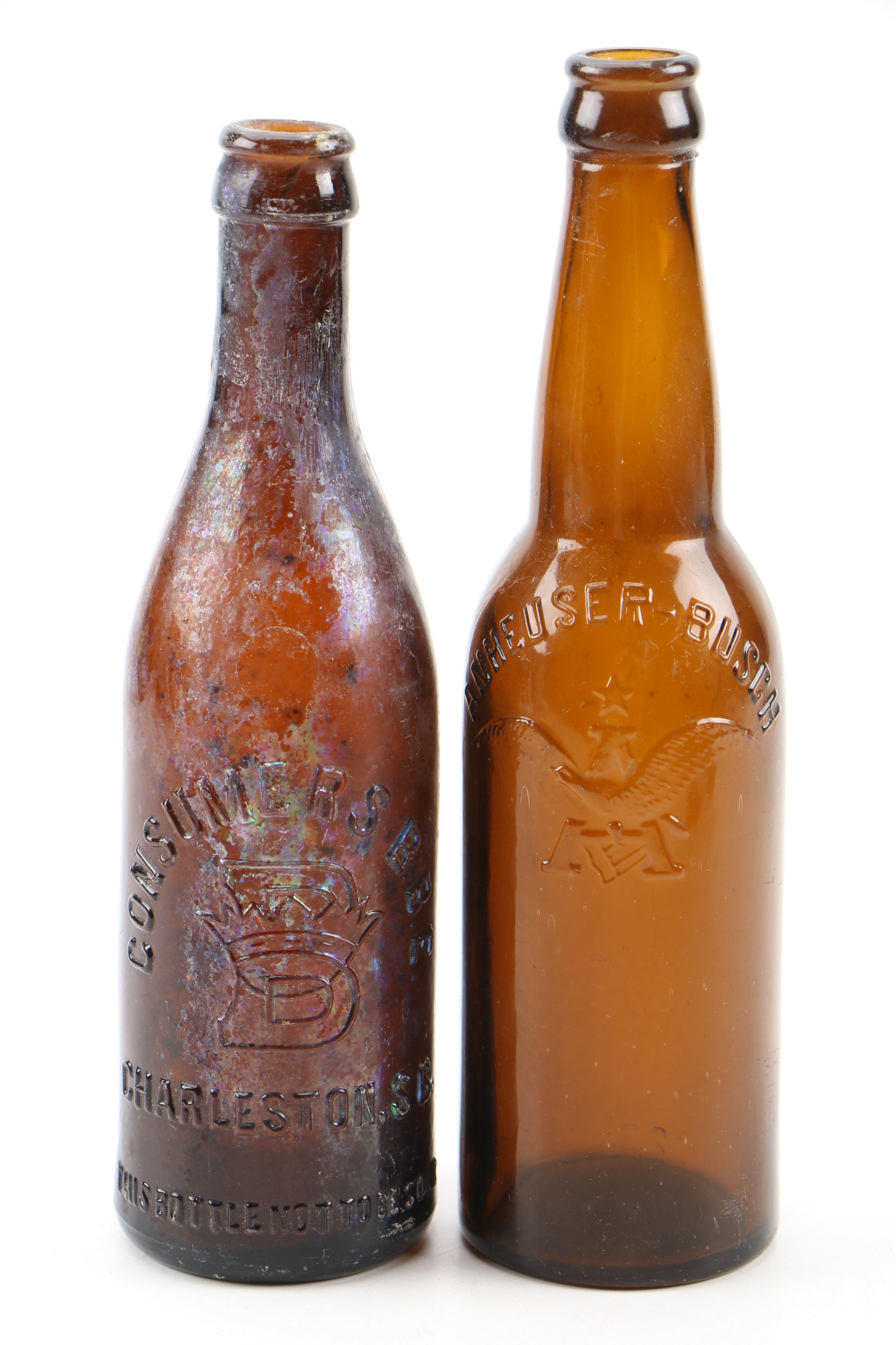 Amber Glass Beer Bottles From East Coast Breweries, Antique