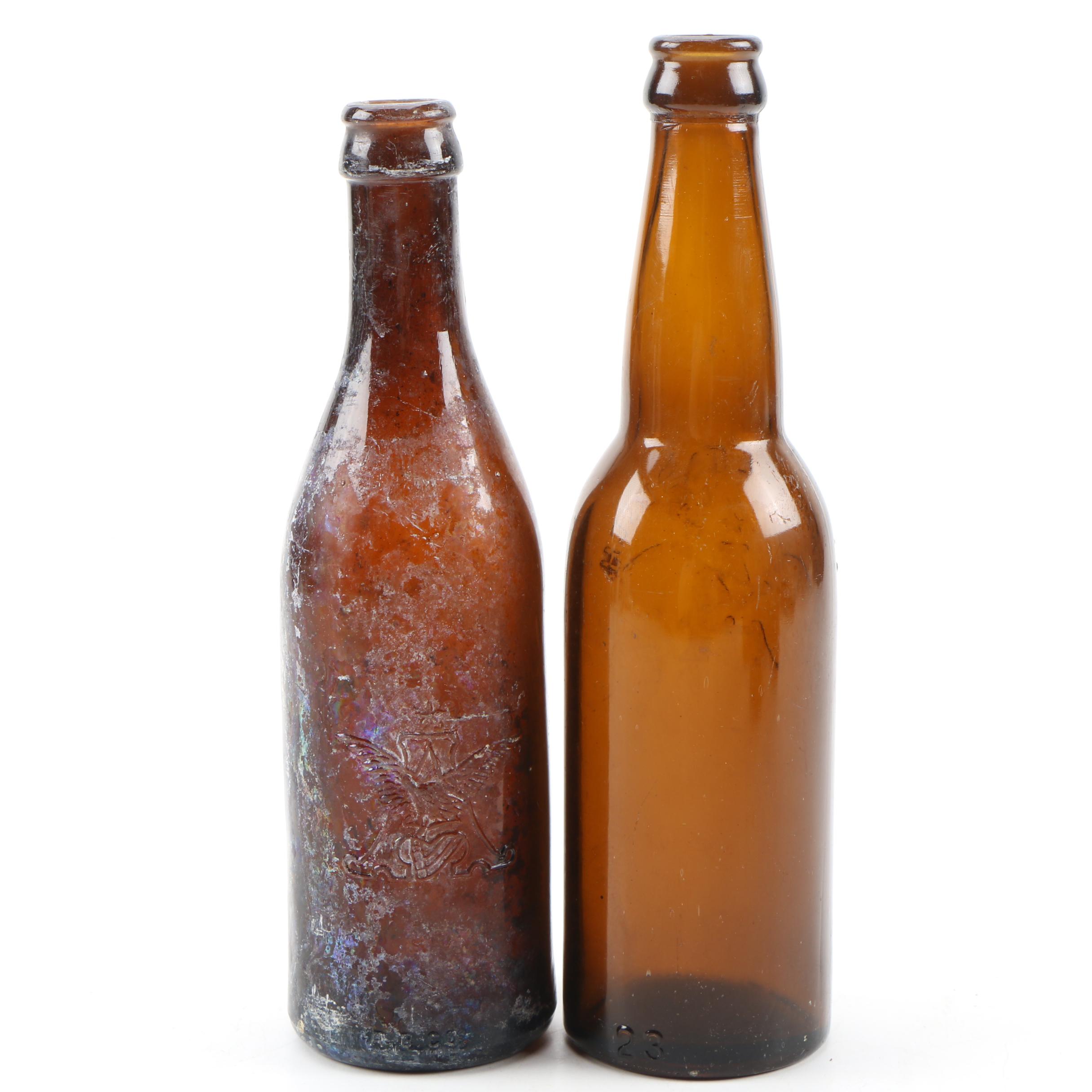 Amber Glass Beer Bottles From East Coast Breweries, Antique