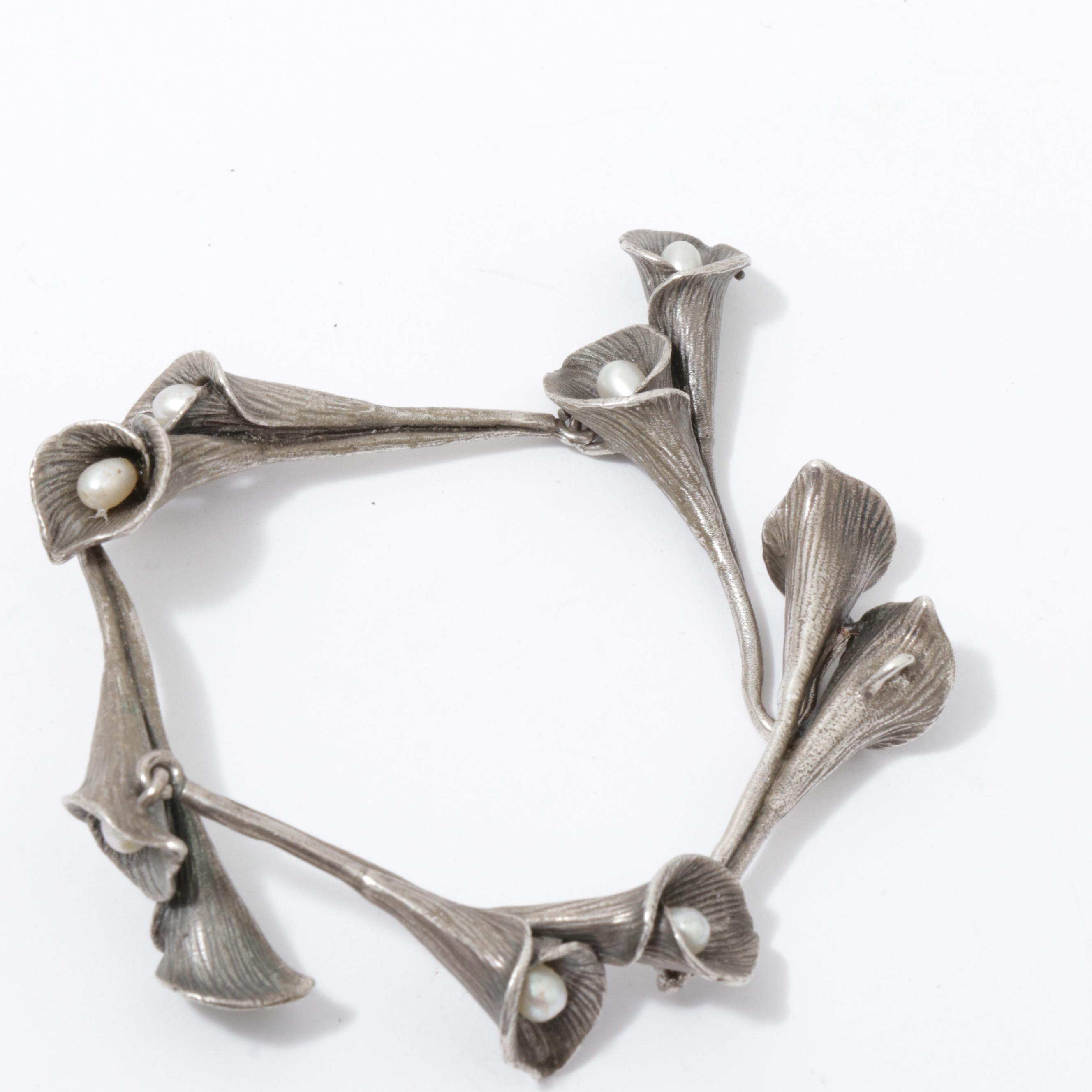 Sterling Silver Pearl Calla Lily Bracelet