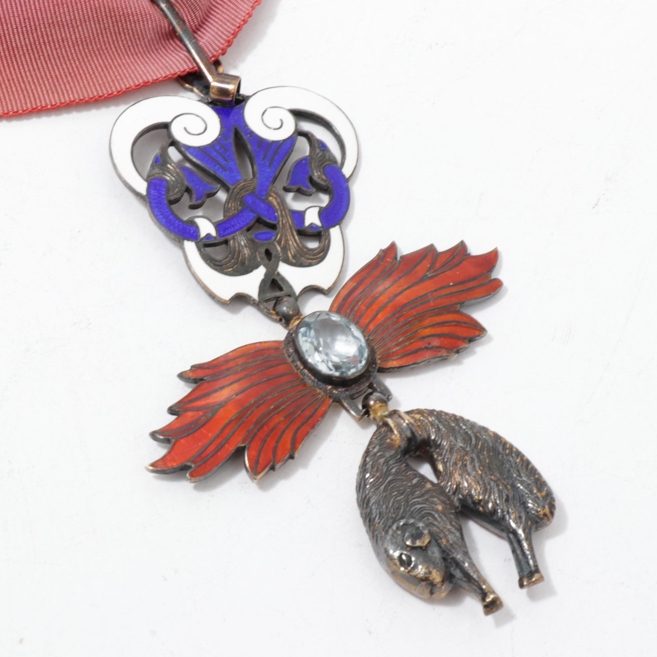 Vintage "Order of the Golden Fleece" Enameled Brass Synthetic Spinel Necklace