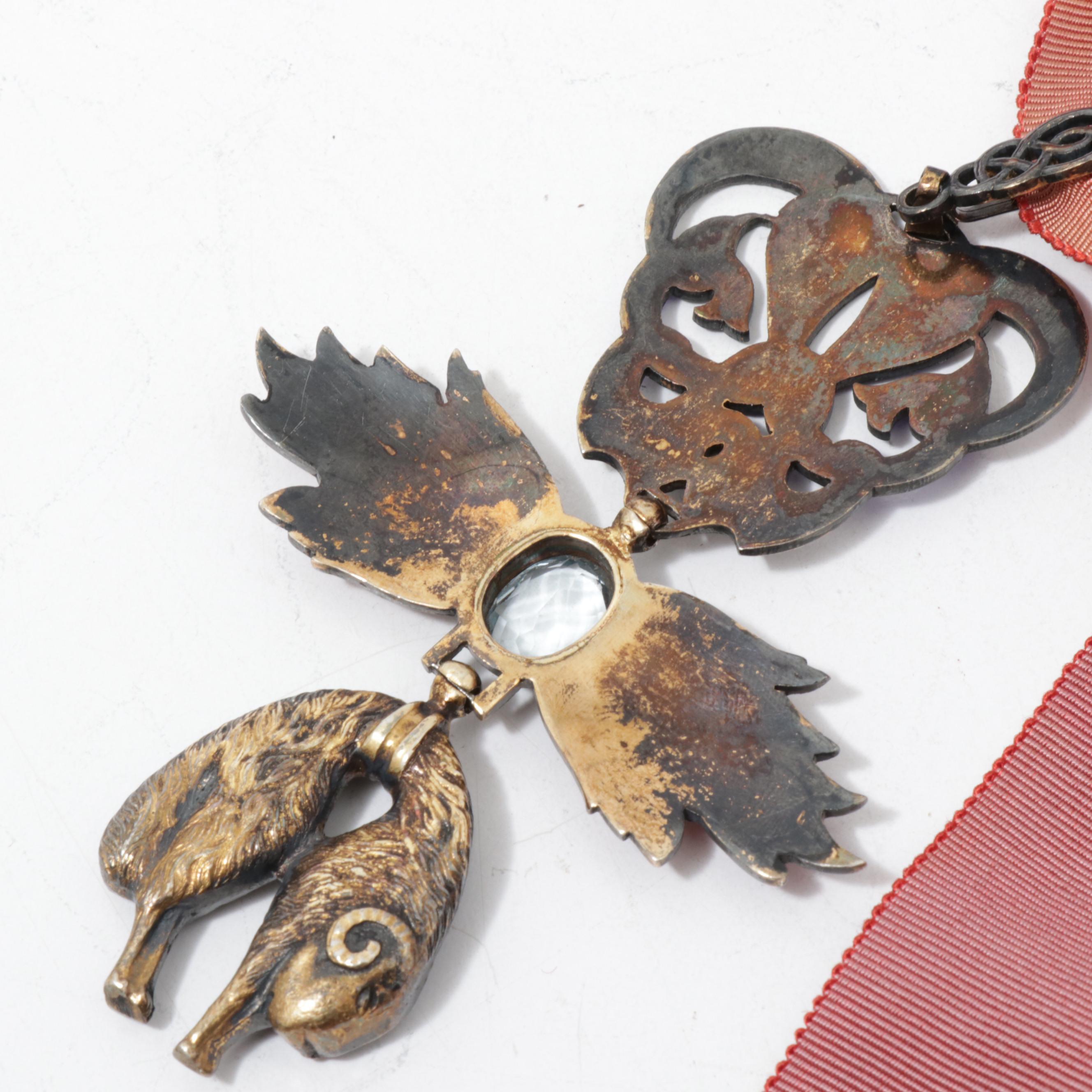 Vintage "Order of the Golden Fleece" Enameled Brass Synthetic Spinel Necklace