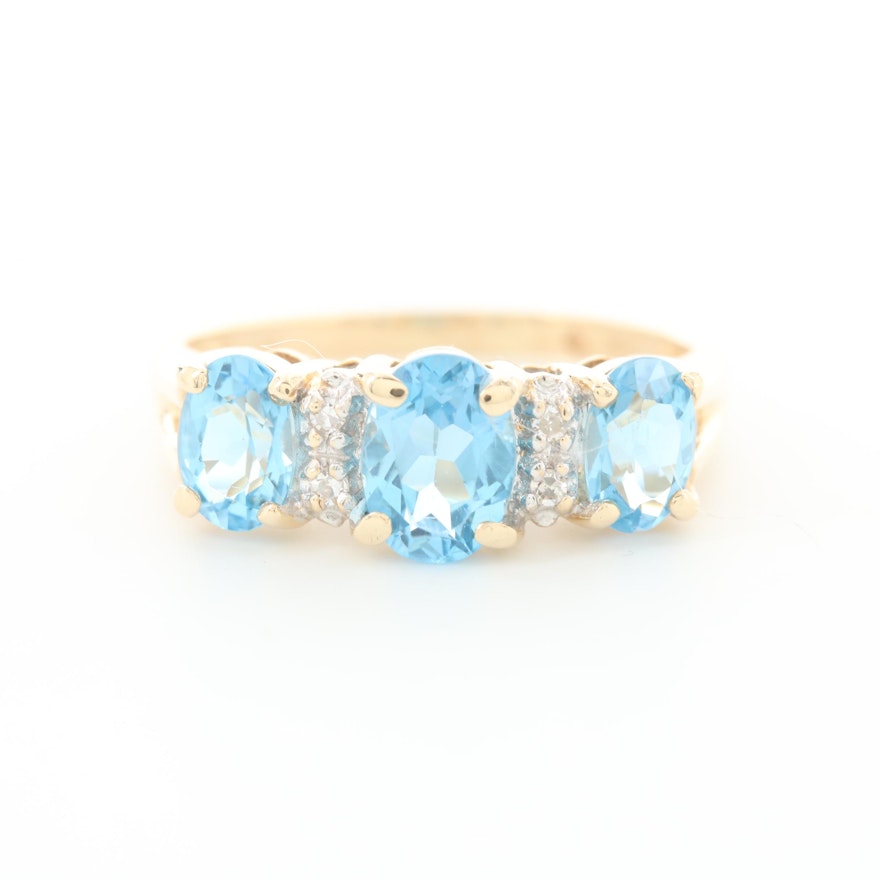 14K Yellow Gold Blue Topaz Three Stone Ring with Diamond Accents