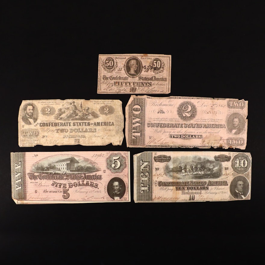 Five Different Confederate States of America Obsolete Currency Notes