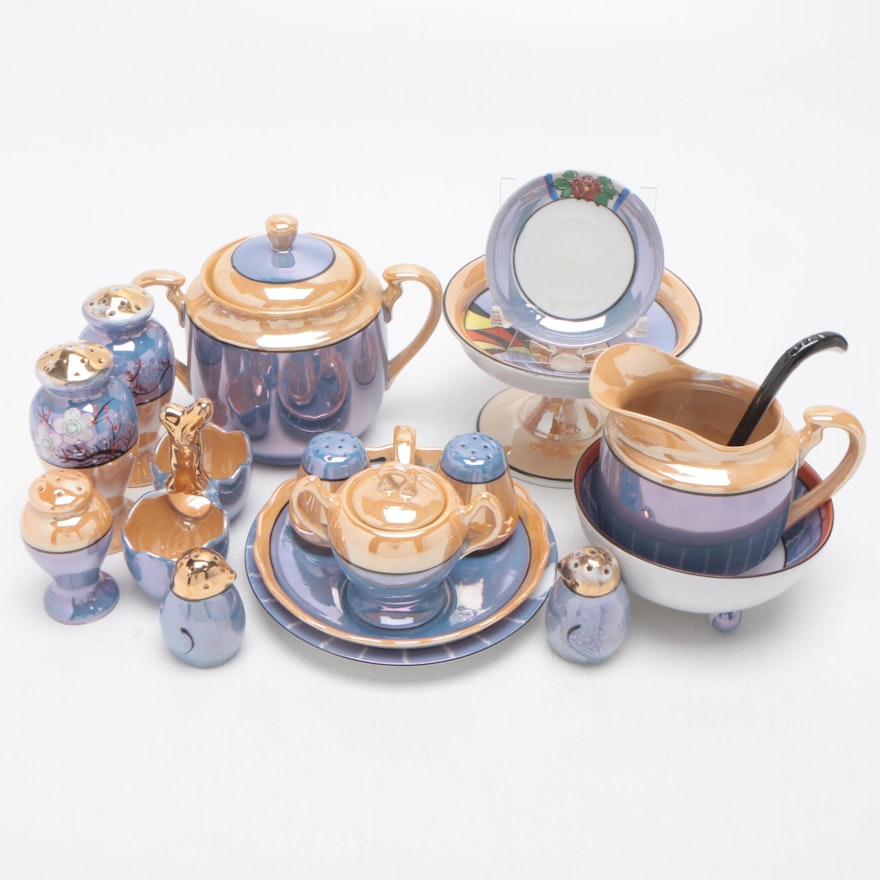 Japanese Hand Painted Porcelain Lustreware Collection Including Morimura