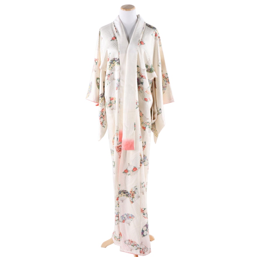 Japanese Ivory Silk Jacquard Floral Fan Print Kimono