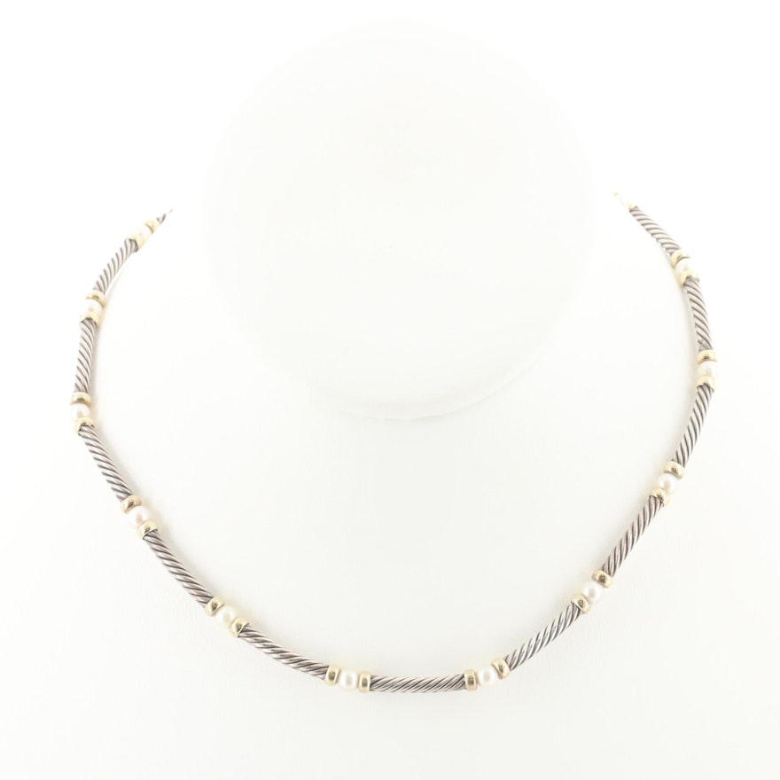 David Yurman "Hampton" Sterling Cultured Pearl Necklace with 14K Gold Accents