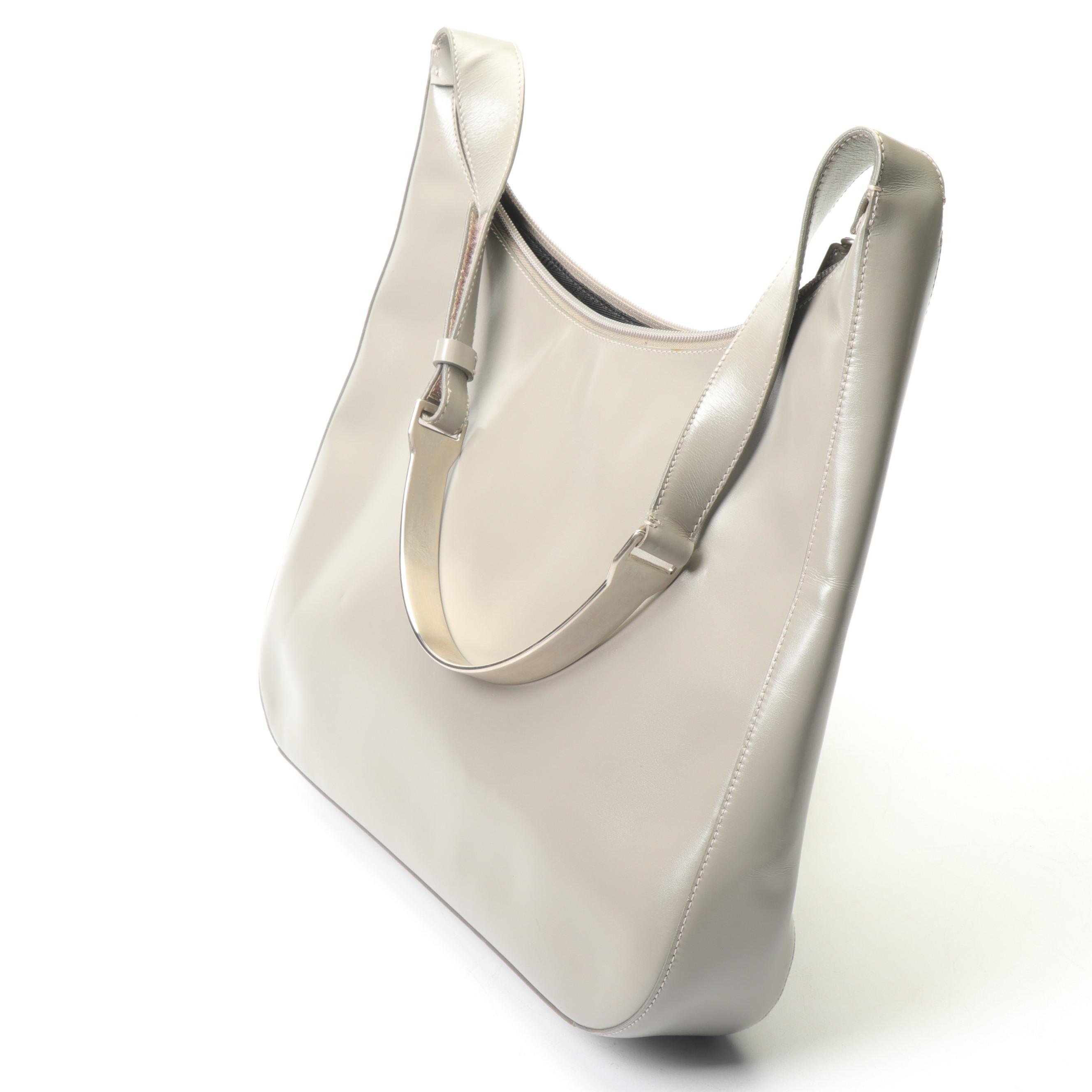 Prada Light Grey Leather Handbag with Leather and Metal Shoulder Strap