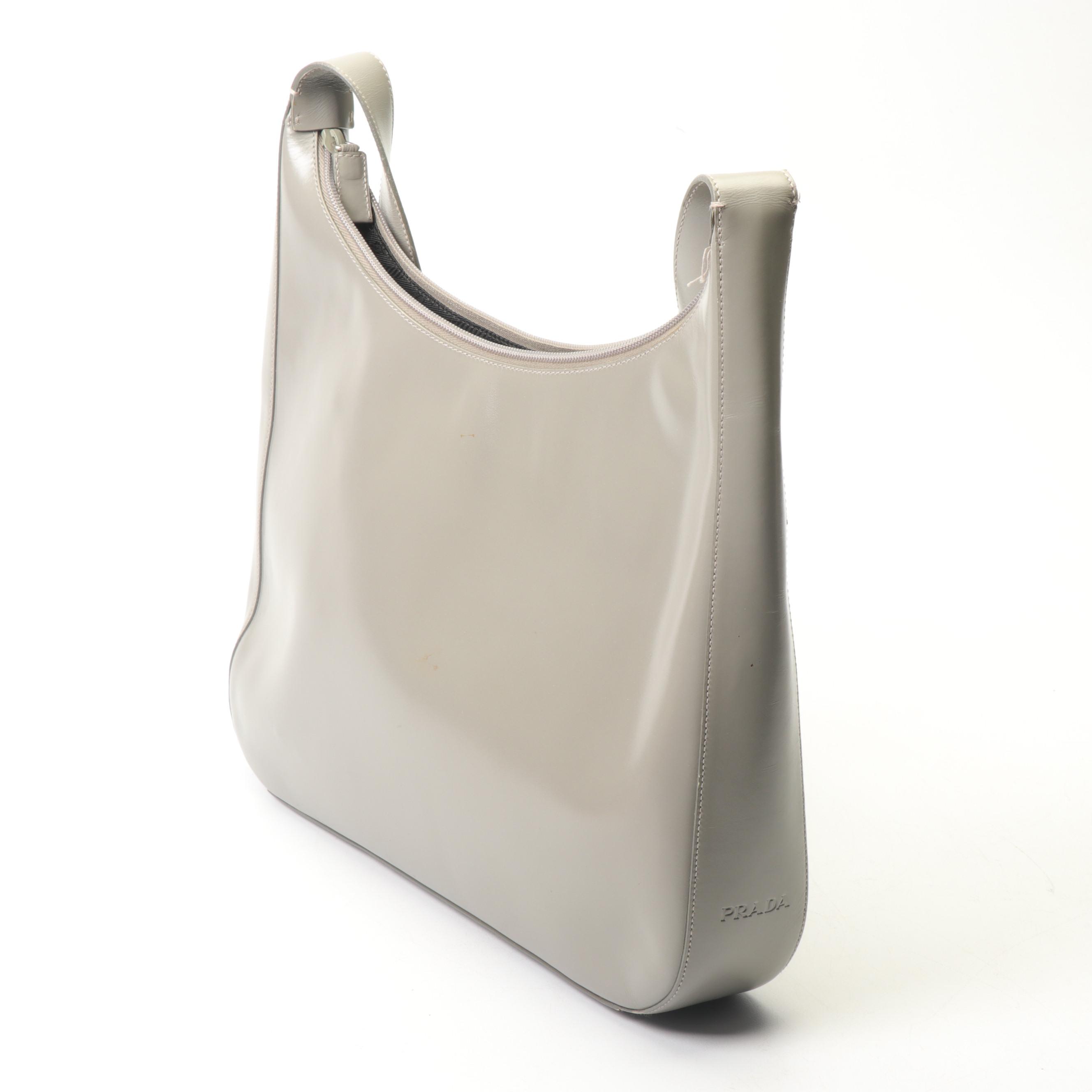 Prada Light Grey Leather Handbag with Leather and Metal Shoulder Strap