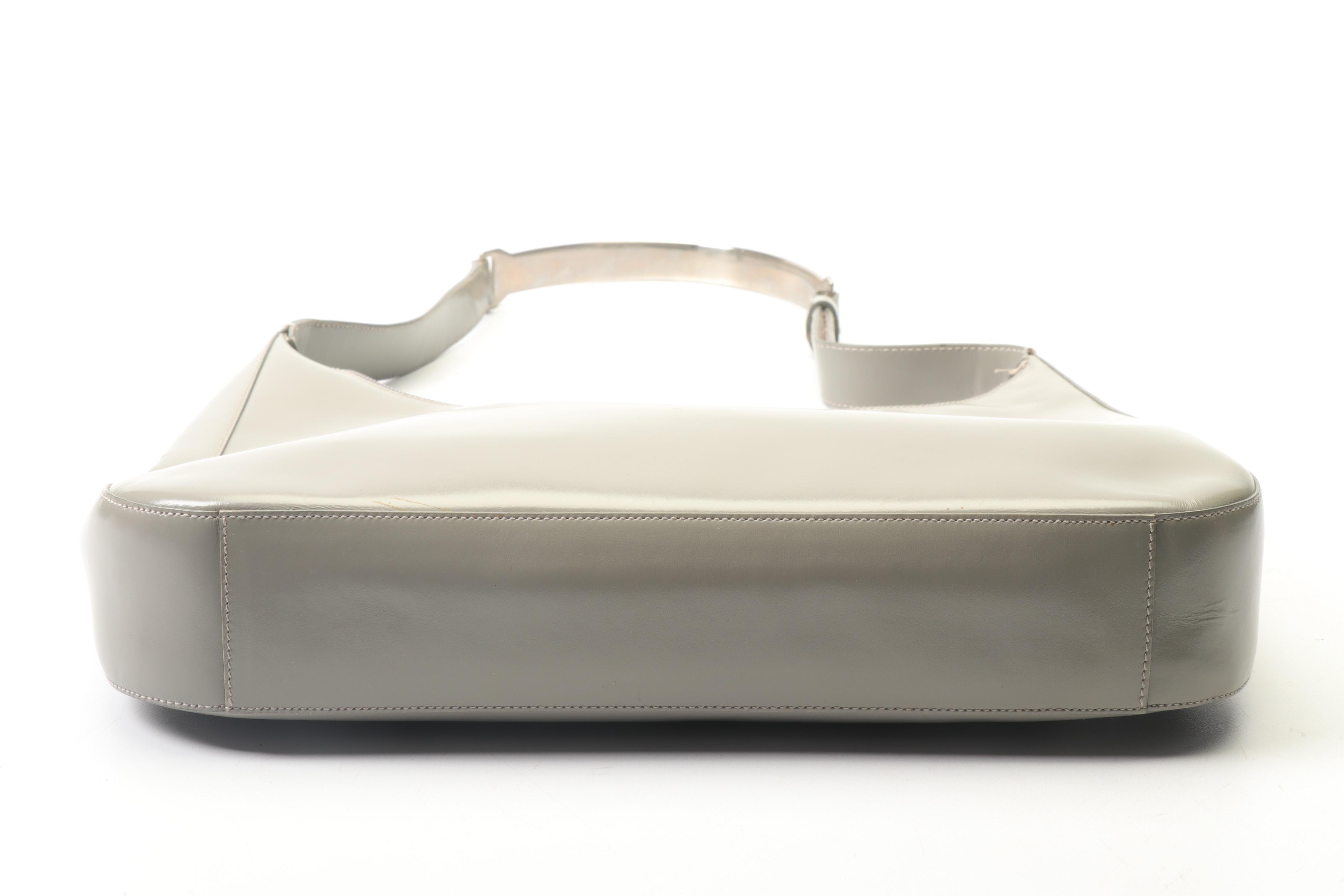 Prada Light Grey Leather Handbag with Leather and Metal Shoulder Strap