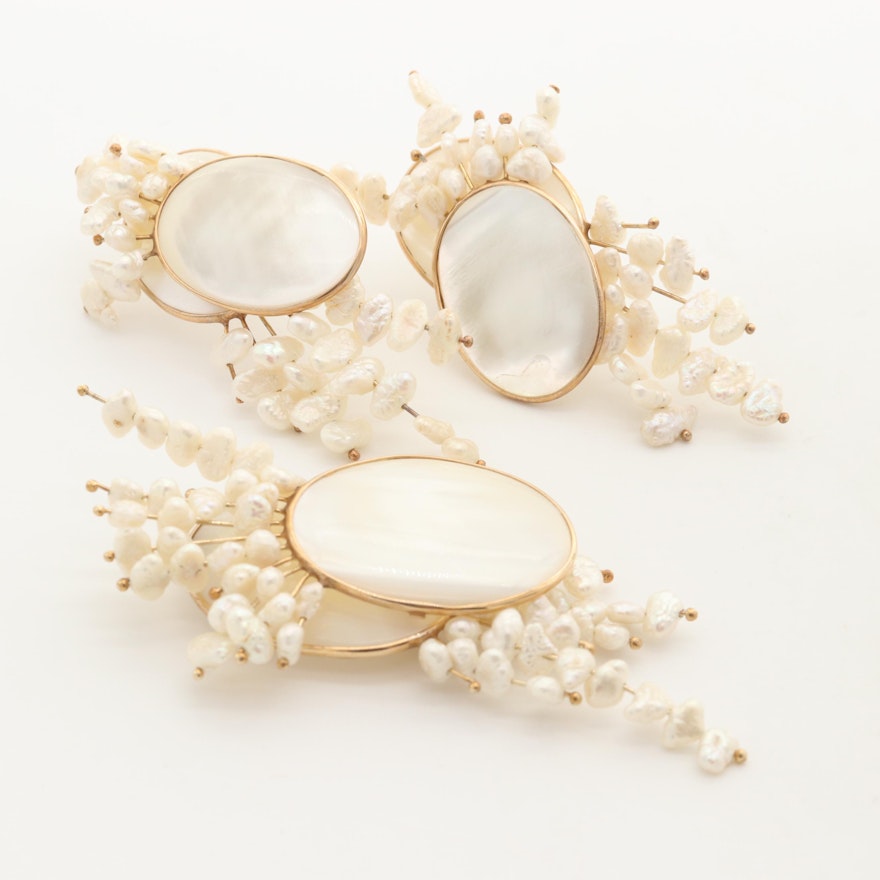 14K Yellow Gold Earrings and Brooch with Mother of Pearl and Cultured Pearl